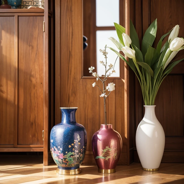A cloisonné vase。Filled with colorful。