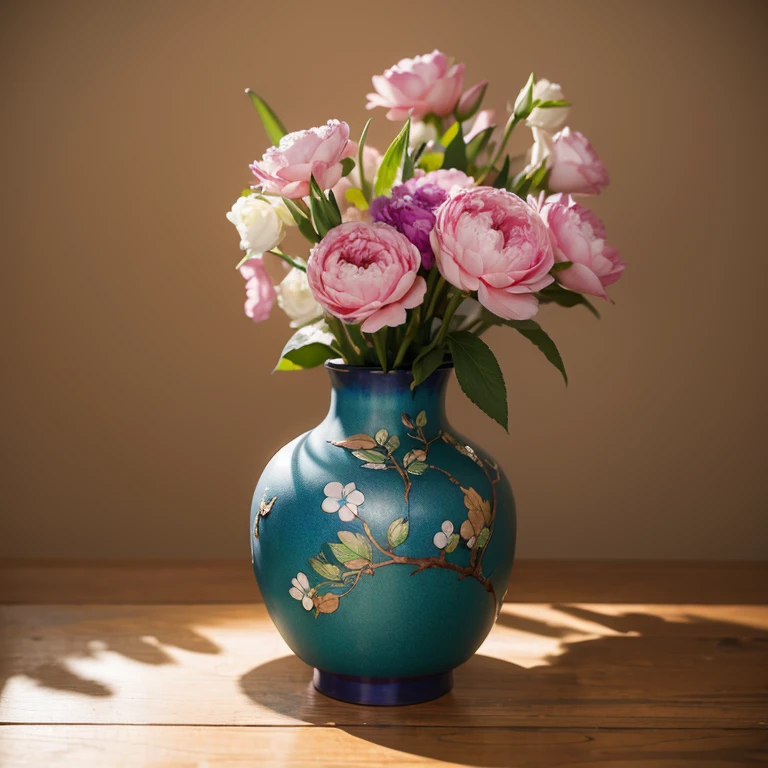 A cloisonné vase。Filled with colorful。