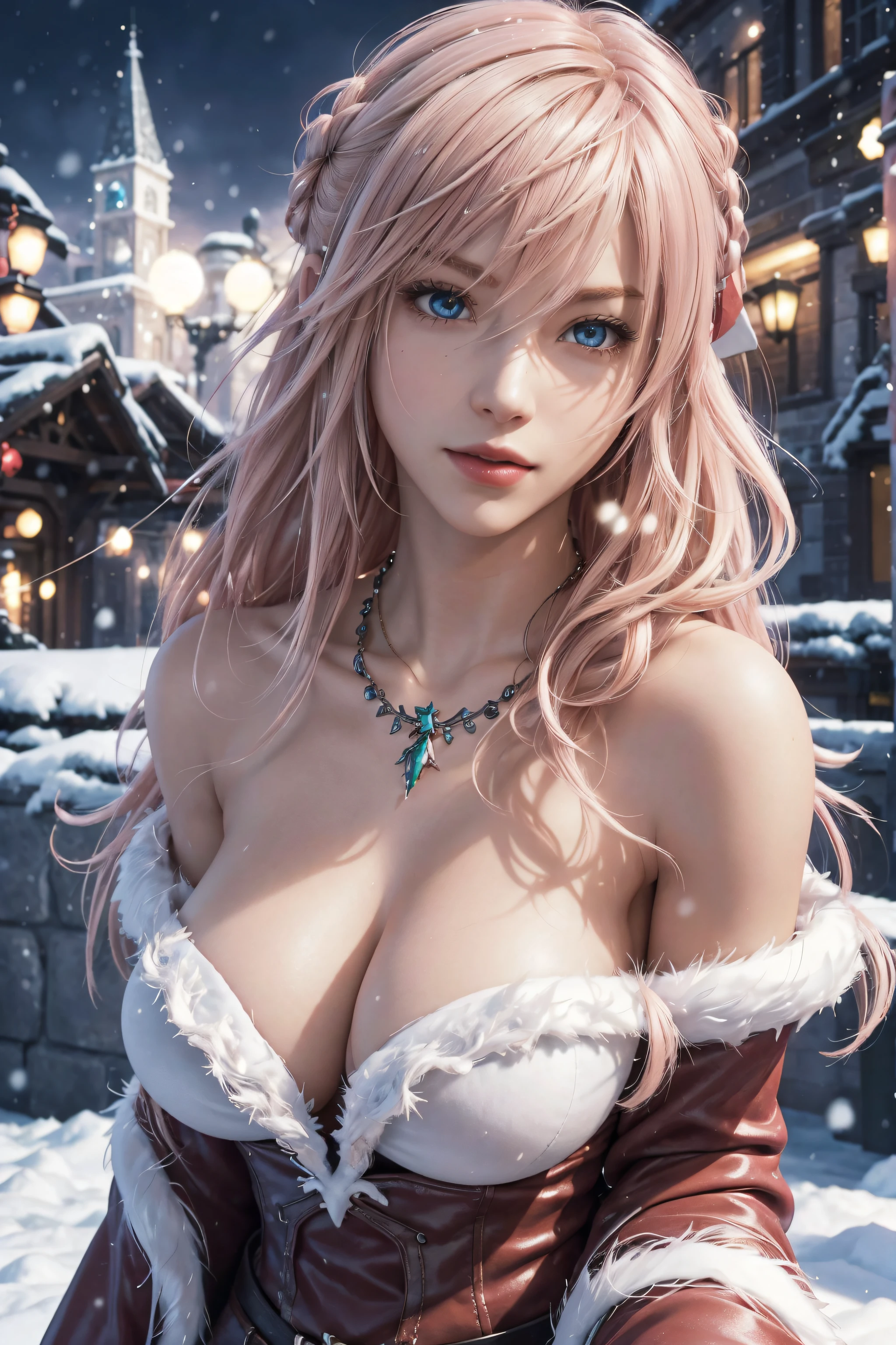 The best piece,Artistically beautiful,Lightning,Final Fantasy 13,FF1 pink blonde,Medium Hair,Light permed hair,Curly hair on one side,Letting down your bangs,A beautiful Blue eyes,beautiful and high nose,santa costume,Santa's Hat,christmas armor,Santa Claus's coat,Use blizzard magic,Photorealsitic,An ultra-high picture quality,hightquality,​masterpiece,Digital SLR,Detailed details,Intricate details,Based on anatomical grounds,Depicted in detail,Detailed face,realistic skin textures,Vivid details,perfect anatomia,perfect anatomia,Anatomically correct hand,Anatomically correct fingers,Super Detail,Complex 3D Rendering,Colossal tits(hiding breast),sexy  pose,bright red claws,beautiful christmas,final fantasy cityscape,Fantasy worldview,Gorgeous Christmas Tree,white Christmas,neon color,Beautiful cityscape,mysterious snow scene,It's snowing,,Picturesque beauty,Photograph the whole body,9 head body,Red Lip,Beautiful curly hair,Luxurious necklace,emphasize the beautiful whole body,Beautiful nails,A smile,