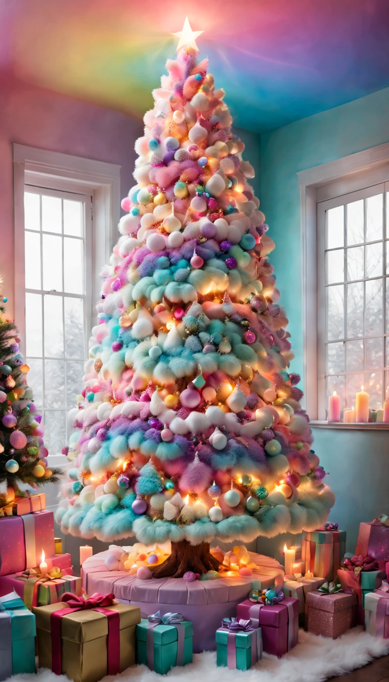 Fluffy Marshmallow Christmas Tree,sweet,Vibrant colors,whimsically,Huge tree,imagining,intriguing,light and ventilation,delight,Fantastical、edible、indulgent、The tall、Pleasant、Exhilarating、Rainbow,In a room full of colorful gifts, Surrounded by warm fairy lights and candles, Vibrant and pastel colors, diffuselighting。