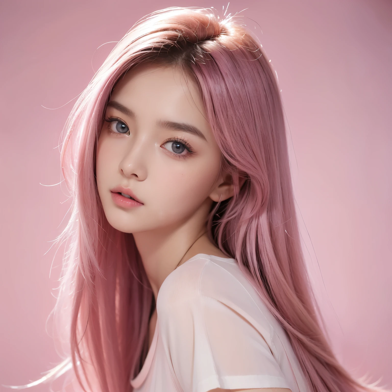(tmasterpiece),(Best quality at best:1.1),(ultra - detailed),Most Best Illustration,finely detailled,(sportrait:1.1),(intense close-ups),watercolor paiting)floating,1个Giant Breast Girl,Alone,13 year old,Slim,(Extremely delicate and beautiful face),(Delicate and beautiful eyes),thick pink lips,(ldisheveled hair),(Wearing a pink loose T-shirt),Soft and lazy,( backgound:1.2)entire colorful background,scavenging,4K