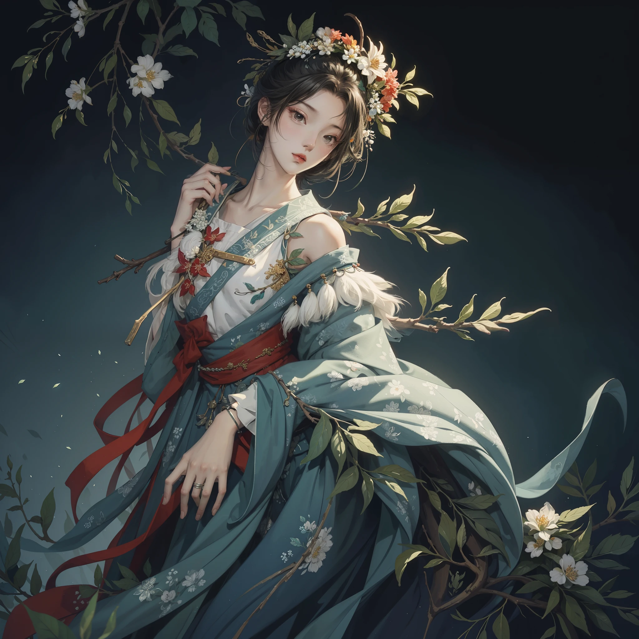James Jane(JamesJean)a drawing,Flowers and leaves are worn on the head,with a bird on his shoulder,talented pen