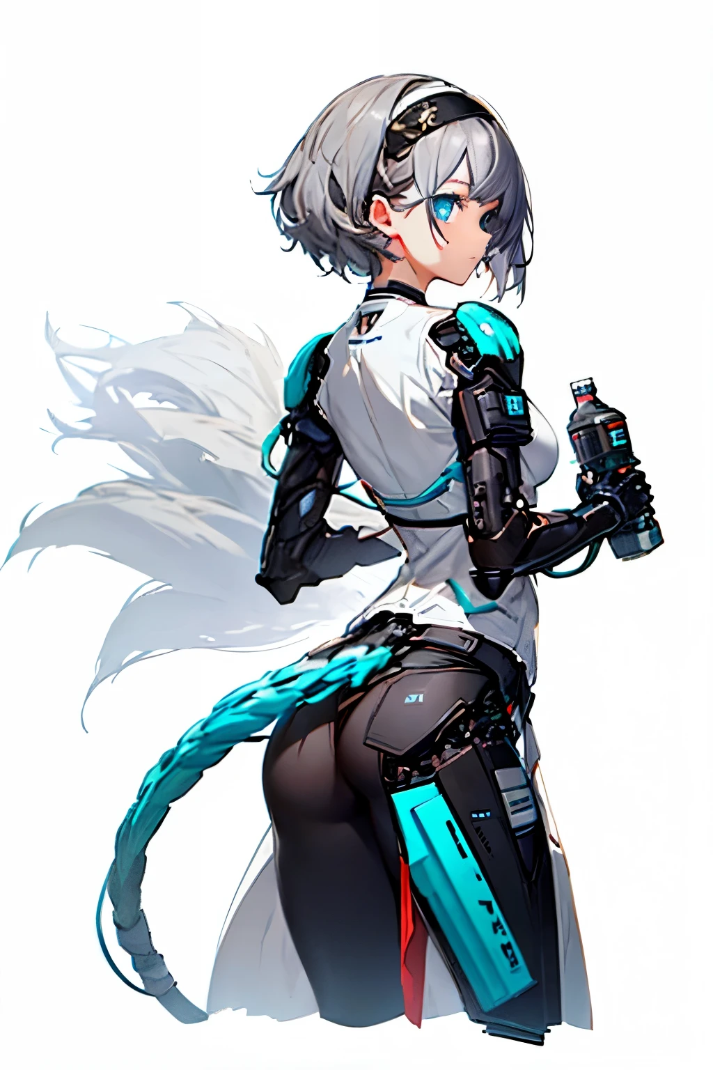 black hairband, cable, cable tail, cropped legs, cyborg, extra arms, from behind, hair behind ear, hairband, looking back, mechanical arms, mechanical tail, pants, science fiction, shoulder blades, solo, surprised, tail, best quality, amazing quality, very aesthetic, absurdres, (masutepiece:1.2, Best Quality), [1 girl in, expressioness, (Turquoise eyes:1.3), front facing, jet-black hair, half short hair,straight hair, Jacket is taken off, Cafe Apron,] (Gray white background:1.5),gothic maid dress ,
