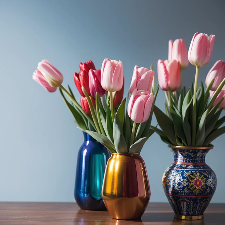 Colorful tulips。In a cloisonné vase。