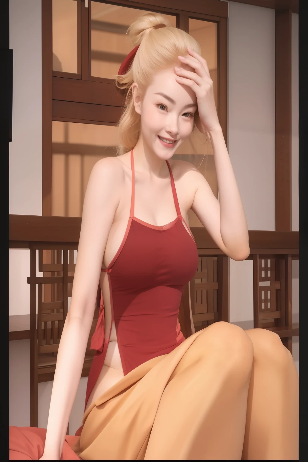 close up image of a woman in a red dudou sitting on the bed, blushing face, cleavage of breasts.