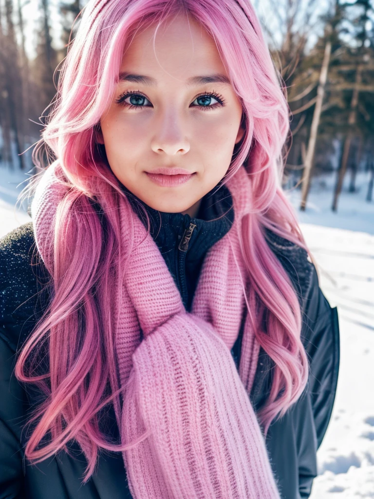 girl, vibrant pink hair, long hair, makeup, morning, cold, winter