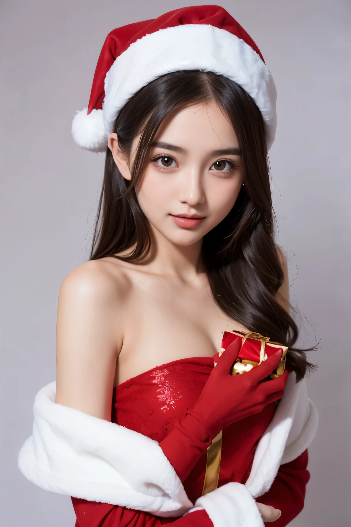 sexy girl beautiful woman cute girl in a santa costume holding a gift box with clear background