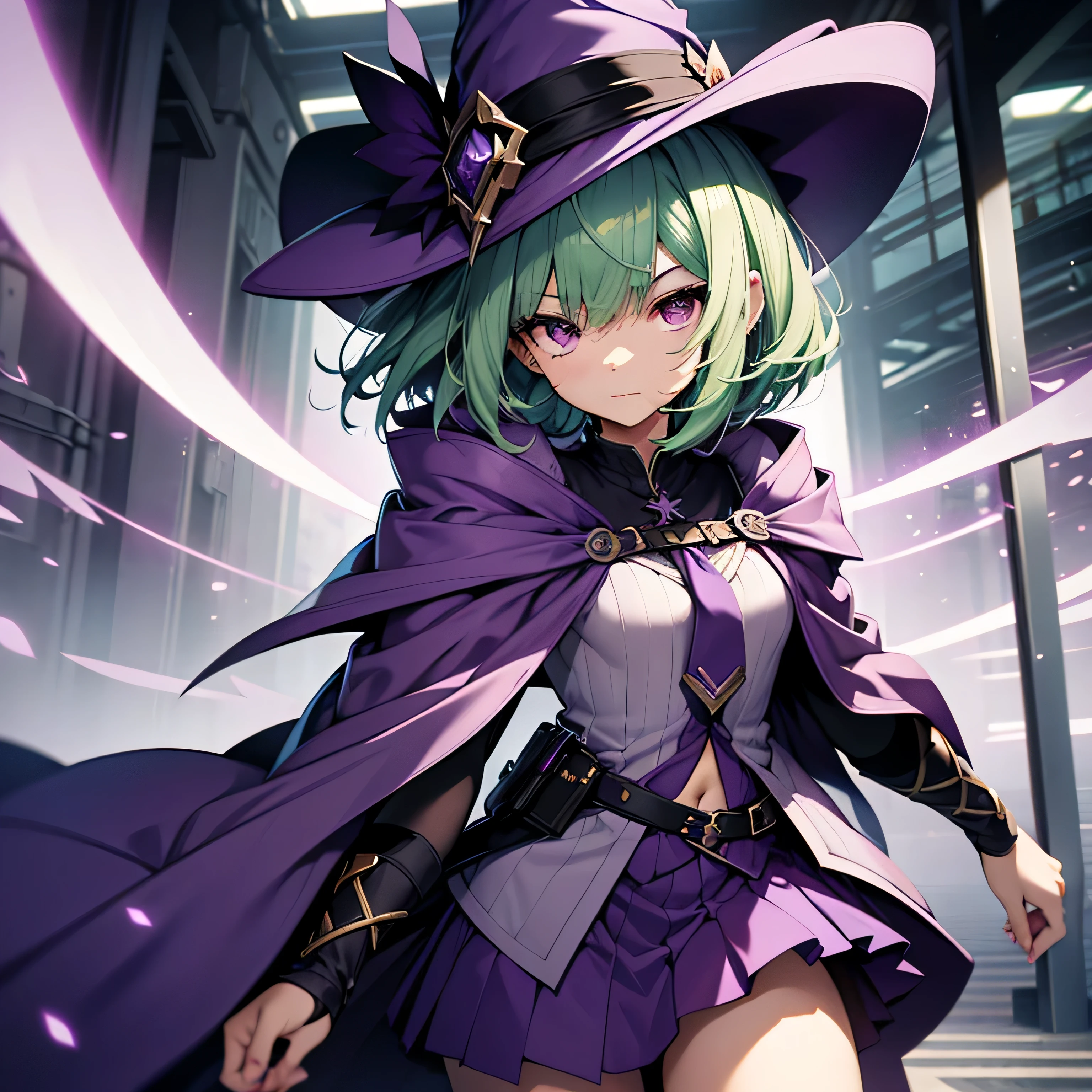 top-quality、extremely delicate and beautiful、(A teenage girl)、Purple Eye、Green hair、short-haired、(purple witch hat)、Purple tie、Soio、shortsleeves、Purple skirt、Purple Wizard Robe、Navel、is standing、Facing the front、