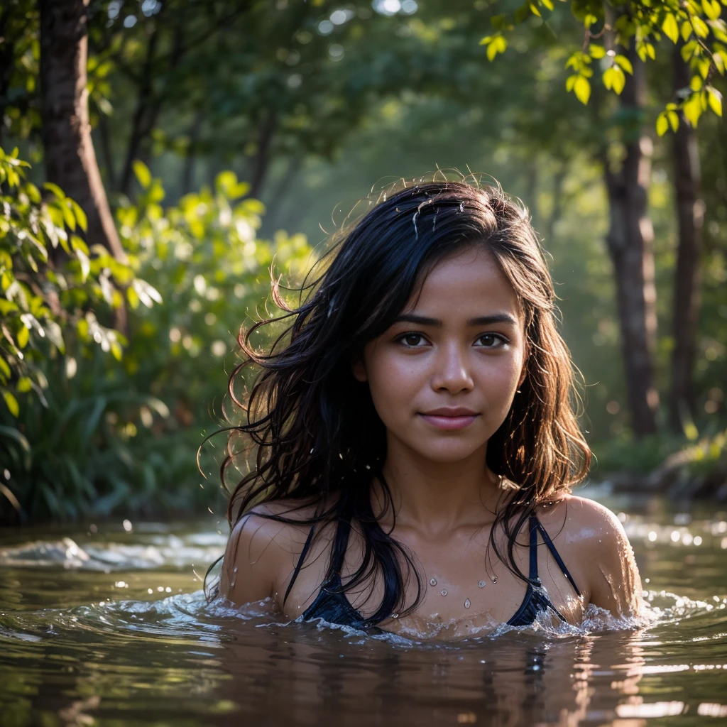 Head of cute smiling beutifull Malagasy woman Quit comes out of the water with water splash, with wet face and curly hair,  brown skin, in the forest, trees in the background, fog on the water, best quality, 4k, hyper detailled, high angle view, dramatic and coldcolors, only head out the water and the rest of the body under the water, sony photography shoot wity 135mm lens, golden hour, drowning in a swamp,long eyelashes,expression of despair,Dark and moody lighting, terror. The pose expresses happyness, cinematic vibrant colors