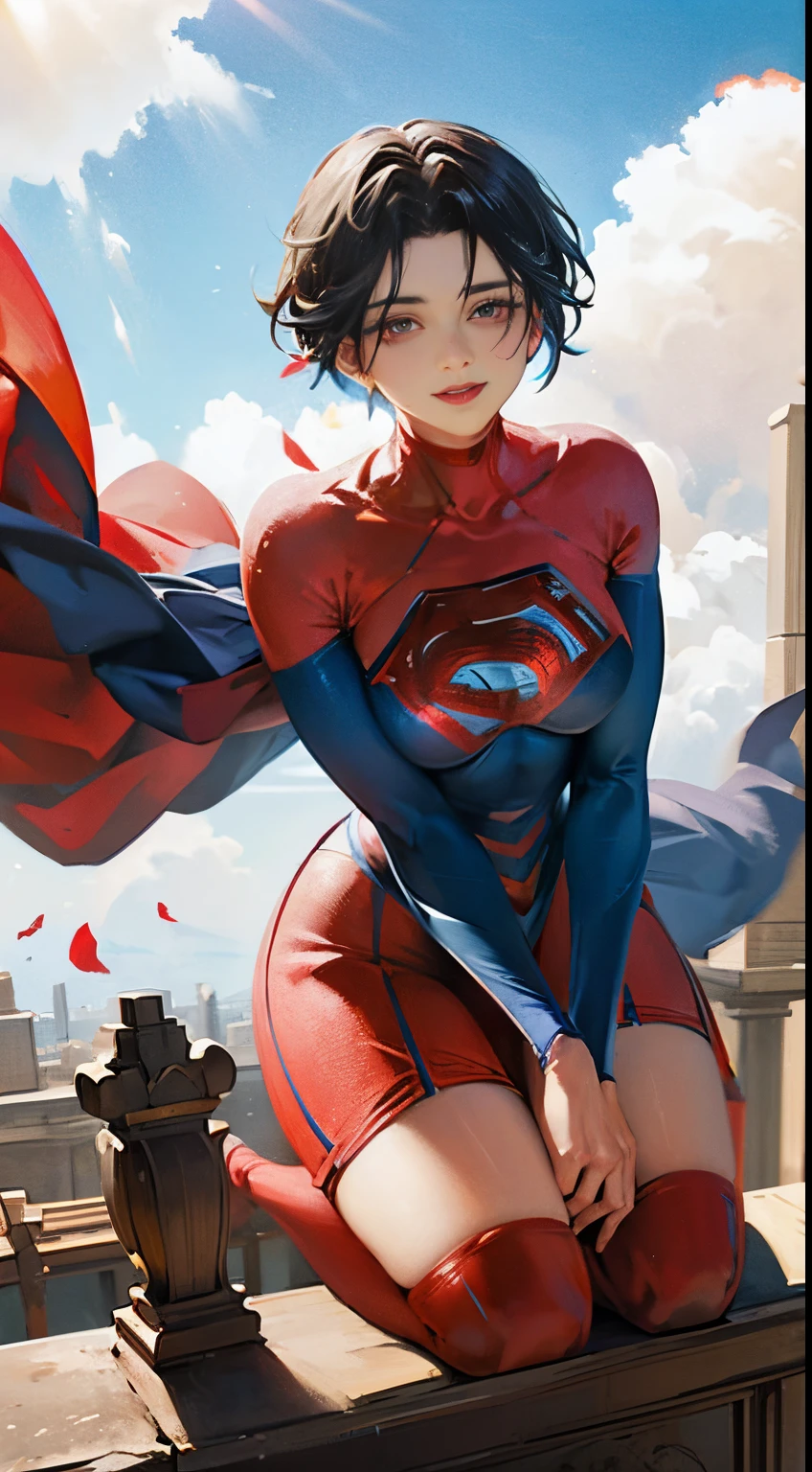 Anime perfect SUPERGIRL body woman, blue short hair, iluminated red eyes, red lips, perfect small breasts, using red skirt lying, big red cape, flying between clouds in ambient artic, perfect body, sexy smile, Supergirl