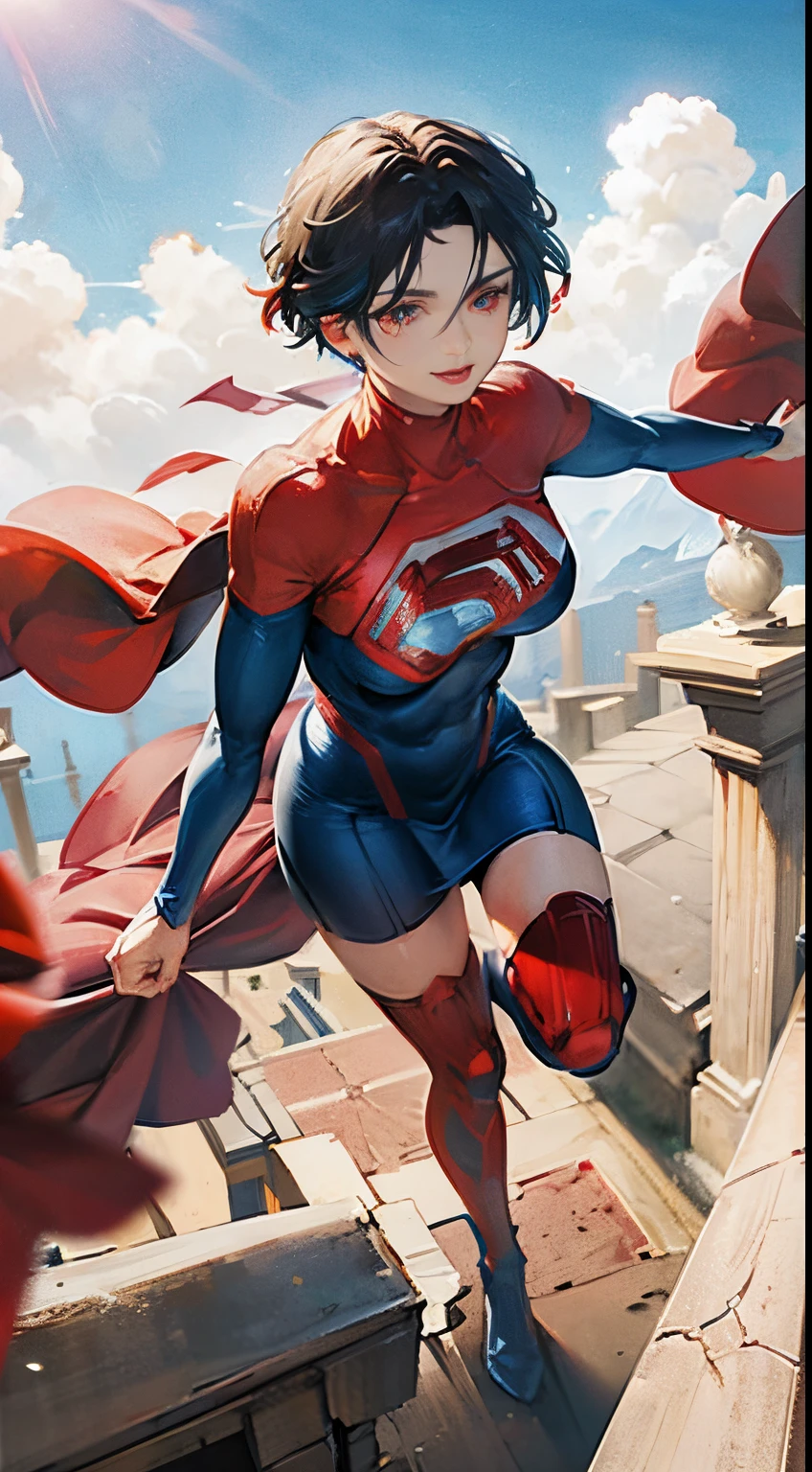 Anime perfect SUPERGIRL body woman, blue short hair, iluminated red eyes, red lips, perfect small breasts, using red skirt lying, big red cape, flying between clouds in ambient artic, perfect body, sexy smile, Supergirl