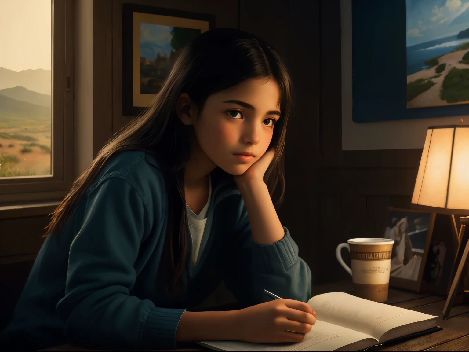 Create a masterful masterpiece book cover of girl dreaming of a better life looking at the ultra-detailed horizon inspired by Drew Struzan,soft lighting, masterpiece, best quality, 8k uhd, dslr, film grain, photorealistic painting Fujifilm XT3