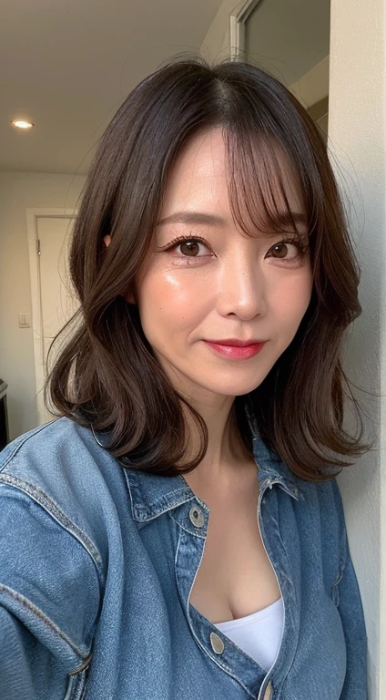 日本人A MILF, (Solo), 50 years old, (Wrinkles at the corners of the eyes:1.5), Large breasts, A MILF, glamor, A sexy, Chromo-white skin, Wavy Longhair, Looking at Viewer、Super large udder、ＴThe shirt, denim、high-heels、ssmile、Social arena、