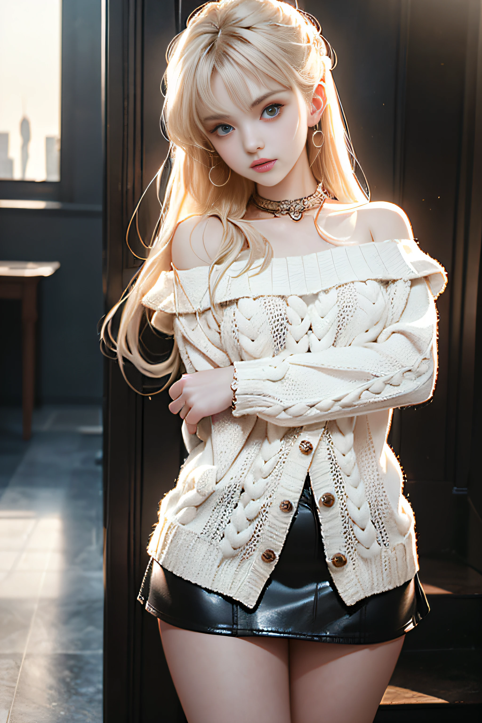 ((girl standing on the stairs in the office)),bright expression、Young shiny shiny white shiny skin、Best Look Rondo Reflective Light、Platinum blonde hair with dazzling highlights、shiny light hair,、Super long silky straight hair、Beautiful bangs that shine、Glowing crystal clear attractive big blue eyes、Very beautiful nice cute girl、Lush bust,Beautiful detailed eyes, beautiful detailed nose,(( Full Body Angle:1.5)),Makeup that the eyes emphasize、Royal style,Comic style, , Sub-surface scattering, ornate detail, nature backdrop, Supergianthugebreasts, ((Cinematic)), Dramatic Lighting, masutepiece、((Off-the-shoulder white hand-knitted sweater:1.4))、((Black Leather Mini Skirt)), ((Black Leather High Heel Boots))、(White lace panties are visible)、1 girl in、Ultra realistic 8K CG, 絵のようにflawlessな顔, flawless, clean, masutepiece, Professional artwork, famousartwork, Perfect face, Beautiful face, Beautiful eyelawlessな女性のボディ)), Solo,(Immersive atmosphere, Chiaroscuro:1.5,Bright light:1.2,Luminous lighting),(blush:0.5),fascinated expression,Extremely detailed_Eyes,thick thighs,Large,beautifullydetailedbackground,depth of fields,Realistic:1.3, , (ambient lights:1.3),(Cinematic composition:1.3),(Neon light:0.1),(nffsw:0.1),((Outside the window, Hazy skyscrapers))