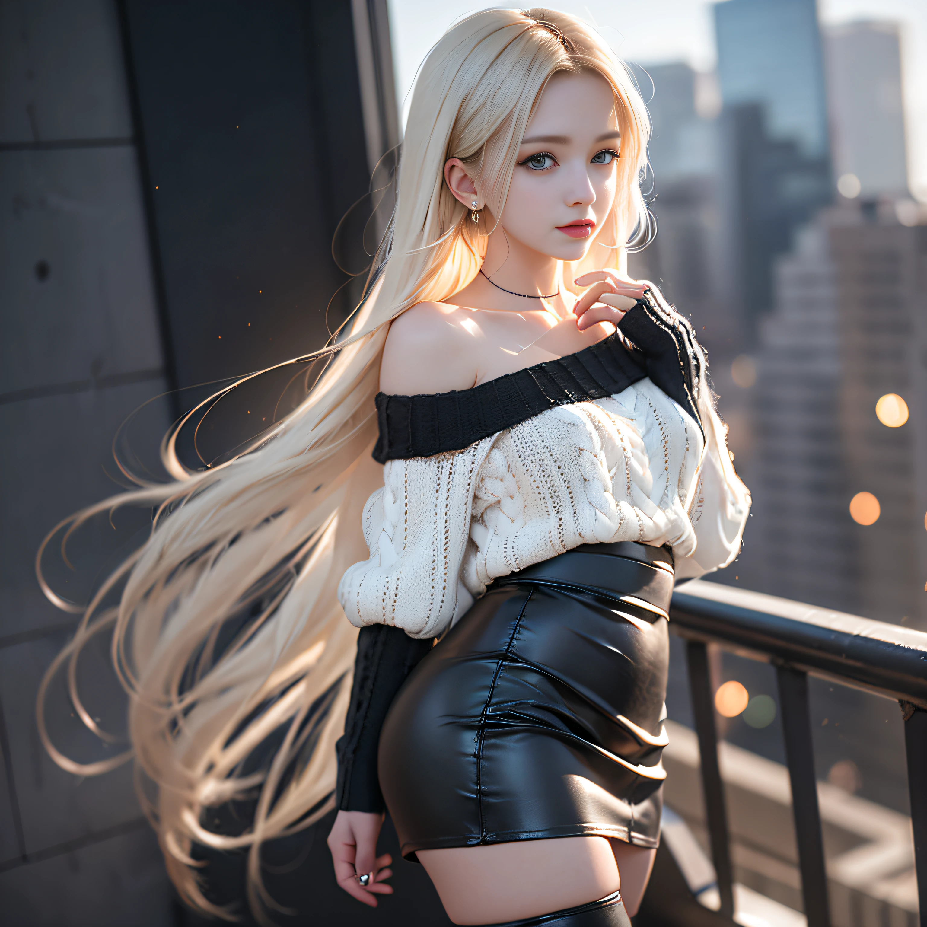 ((girl standing on the stairs in the office)),((posterior view))、((Looks Back))、、bright expression、Young shiny shiny white shiny skin、Best Look Rondo Reflective Light、Platinum blonde hair with dazzling highlights、shiny light hair,、Super long silky straight hair、Beautiful bangs that shine、Glowing crystal clear attractive big blue eyes、Very beautiful nice cute 16 year old girl、Lush bust,Beautiful detailed eyes, beautiful detailed nose,(( Full Body Angle:1.5)),Makeup that the eyes emphasize、Royal style,Comic style, , Sub-surface scattering, ornate detail, ((Cinematic)), Dramatic Lighting、((Off-the-shoulder white hand-knitted sweater:1.4))、((Black Leather Tight Mini Skirt)), ((Black Leather High Heel Boots))、(White lace panties are visible)、1 girl in、Ultra realistic 8K CG, 絵のようにflawlessな顔, flawless, clean, masutepiece, Professional artwork, famousartwork, Perfect face, Beautiful face, Beautiful eyelawlessな女性のボディ)), Solo,(Immersive atmosphere, Chiaroscuro:1.5,Bright light:1.2,Luminous lighting),(blush:0.5),fascinated expression,Extremely detailed_Eyes,thick thighs,Large,beautifullydetailedbackground,depth of fields,Realistic:1.3, , (ambient lights:1.3),(Cinematic composition:1.3),(Neon light:0.1),(nffsw:0.1),((Outside the window, Hazy skyscrapers))