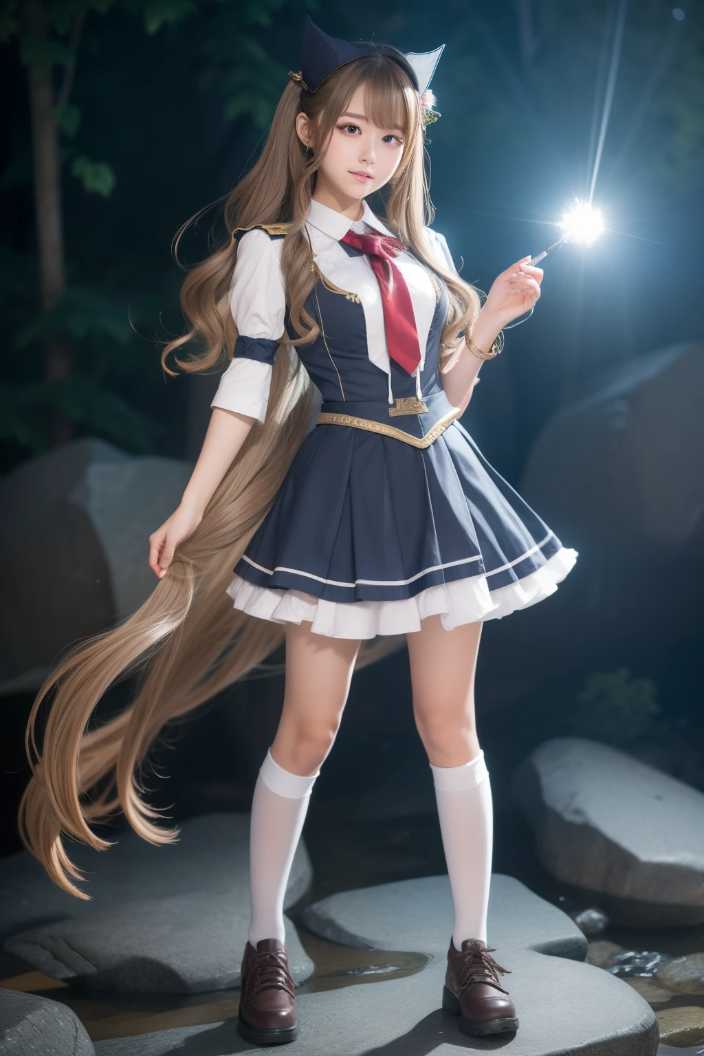 Fantasy stone user high school girl、full body Esbian、、Gray uniform、、、、Idol face、make rocks with magic、Light brown wavy hair、