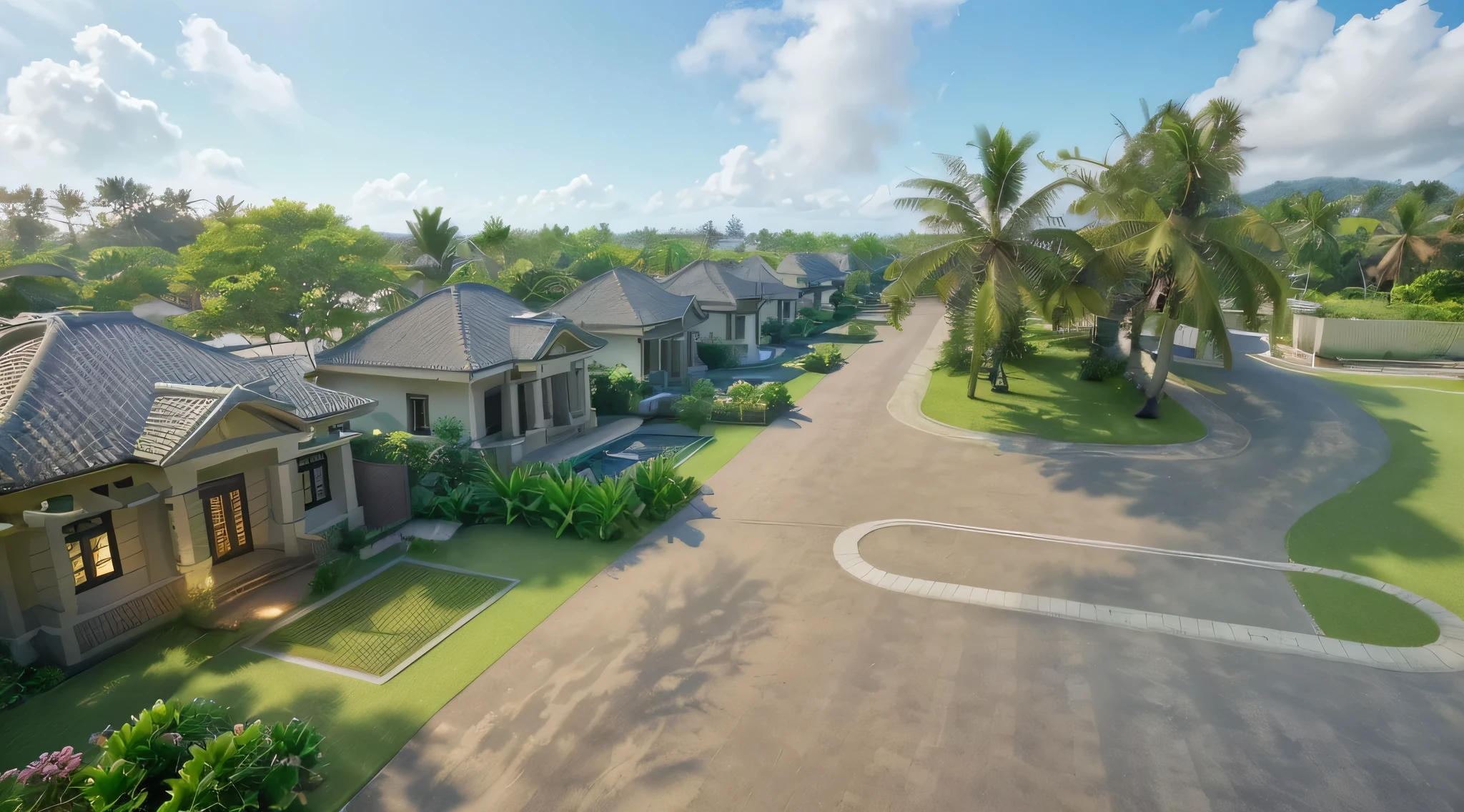 villa, ((more plants and flowers)), Japanese landscape, coconut trees, pine trees, RAW photo, (high detailed skin:1.2), 8k UHD, DSLR, soft lighting, high quality, film grain, Fujifilm XT3, realistic, wide angle, ((vray)), render, detailed, tropical plants, clear image, high reflection, daylight, spring light, soft light, many trees background, grass ground, (((best quality))), ((masterpiece)), no pool, no water, asphalt road,
