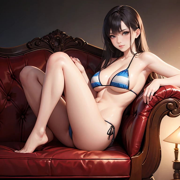 masterpiece, best quality, ultra detailed, beautiful skin, professional lighting, 1girl, bikini, full body, on sofa