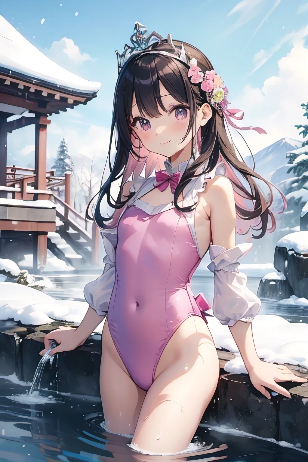top-quality、extremely delicate and beautiful、Soio、Soio、8-year-old 、japanes、Lori、Chiquita、noble、elementary student、A dark-haired、((Pink leotard))、(highleg)、Tiara on the head、A smile、is standing、Facing the front、hot spring with snow background、Bathing