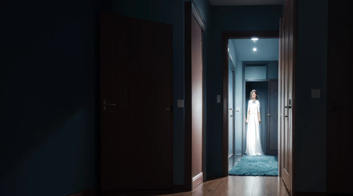 Uncanny woman with white eyes standing in a bedroom doorway at night