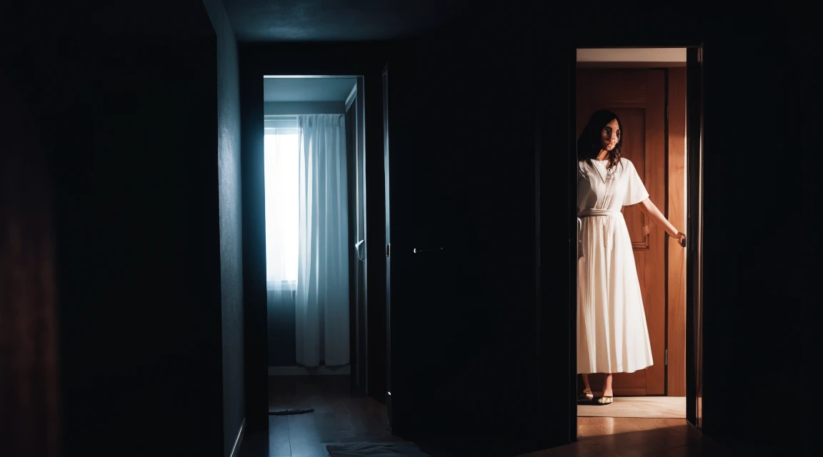 Uncanny woman with white eyes standing in a bedroom doorway at night