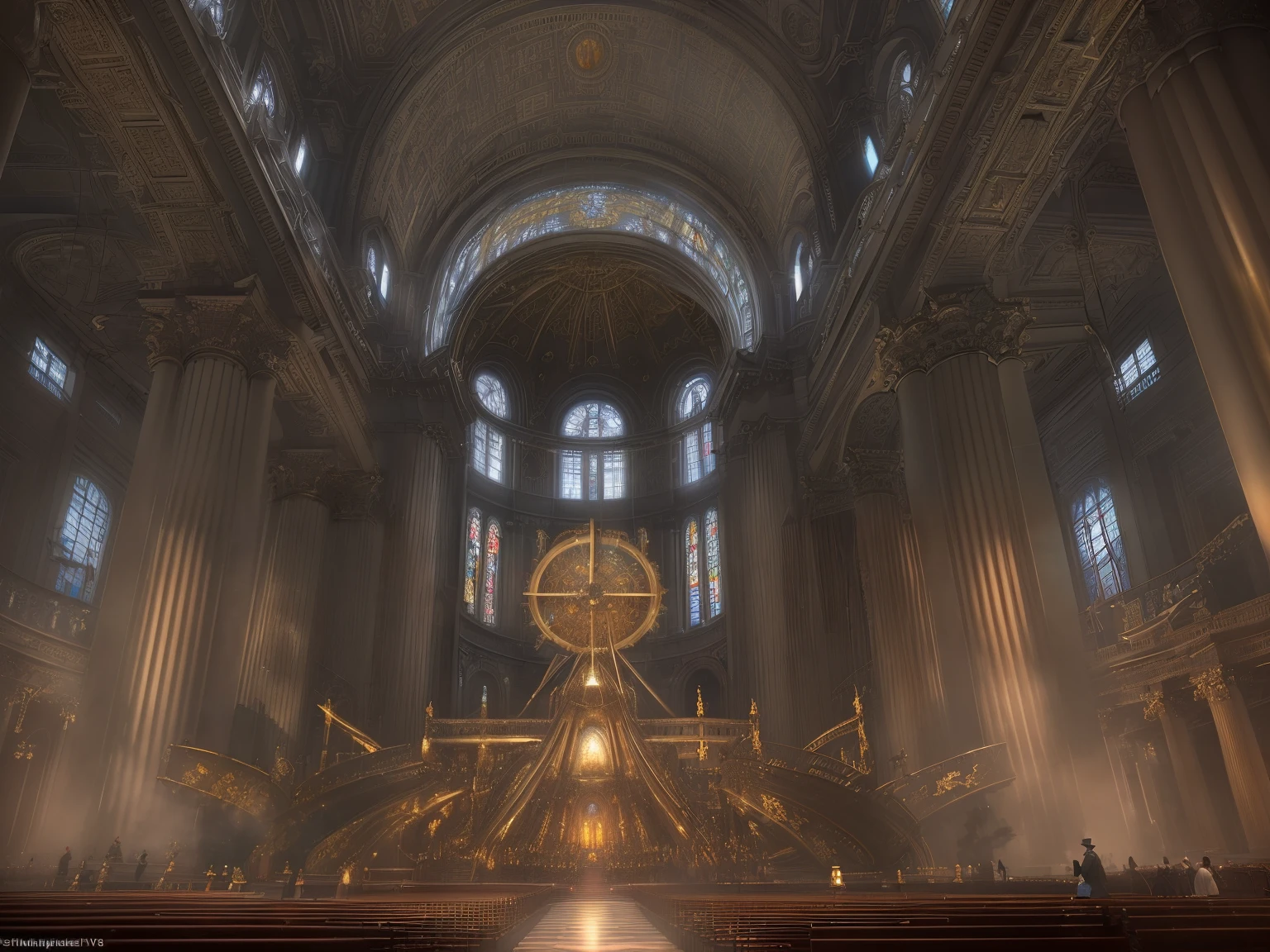 (Extremely detailed and realistic CG, tmasterpiece, Best quality at best, ultra - detailed), steamy朋克, St. Paul's Metropolitan Cathedral, (best illuminate, The best shadow, Extremely Delicately Beautiful), dynamic angle, movie atmosphere, Gorgeous metalwork, gear wheel, Wind, smokes, steamy, period clothing, vivd colour