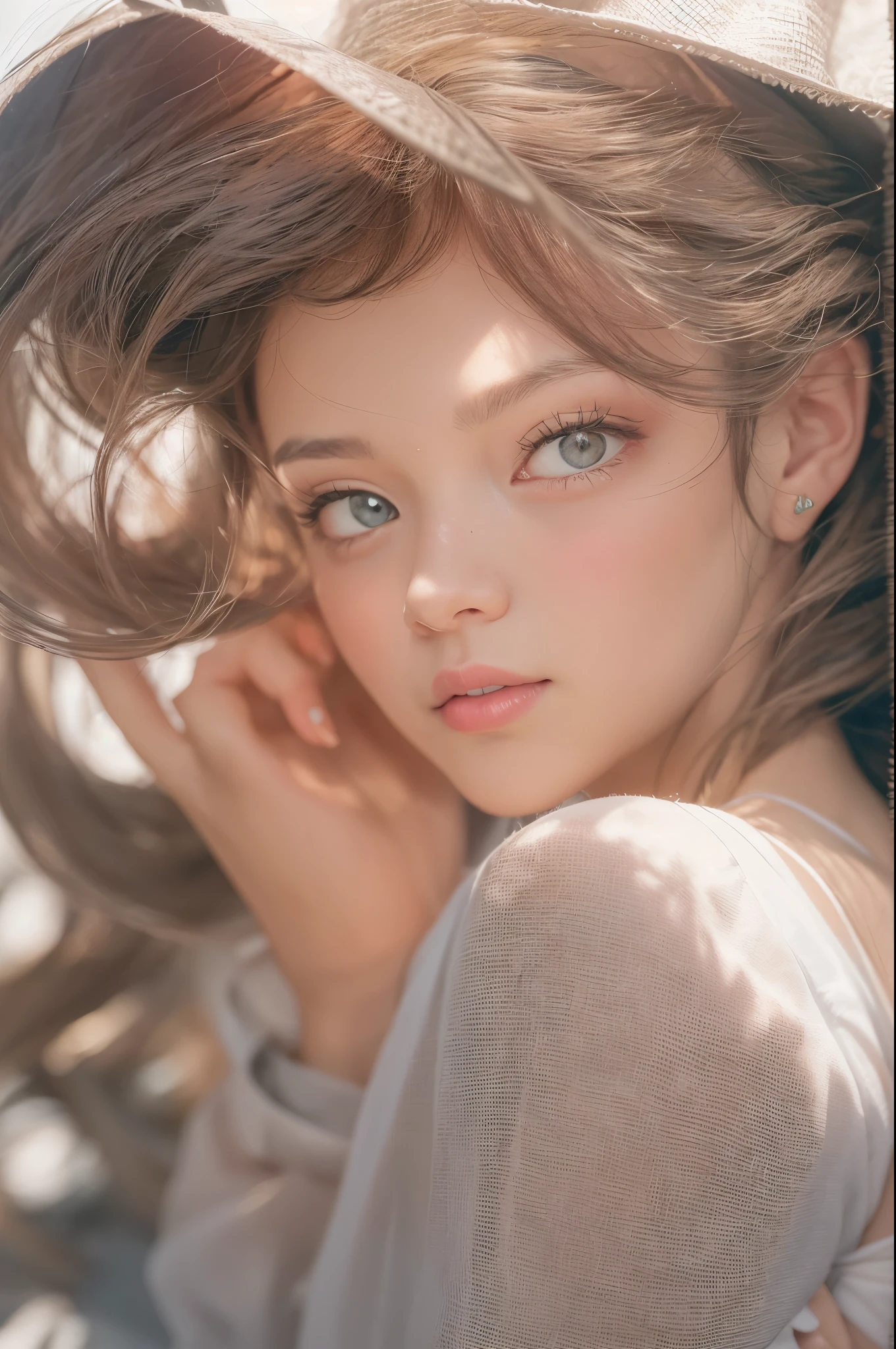 (Raw photo, Best Quality), (Realistic, Photorealsitic:1.3), masutepiece, extremely delicate and beautiful, Extremely detailed, nffsw, Unity, 8K, amazing, finely detail, Ultra-detailed, hight resolution, absurderes, Soft light, (Black hair, Short hair, Curly hair, hair messy, Bangor Tiful Detail Girl, Detailed fingers, extremely detailed eye and face, beautiful detailed nose, Beautiful detailed eyes, (Light on Face), Looking at Viewer, (Closed mouth:1.2), 1girl in, Cute, 年轻, Mature Face, pale skin, (Half body:1.3, sittingium&#39;breastsout), Realistic face, Realistic body, beautiful detailed thigh, (ulzzang -6500-v1.1:0.6), Black shirt,  (Semi-smile:1.3),cowboy  shot