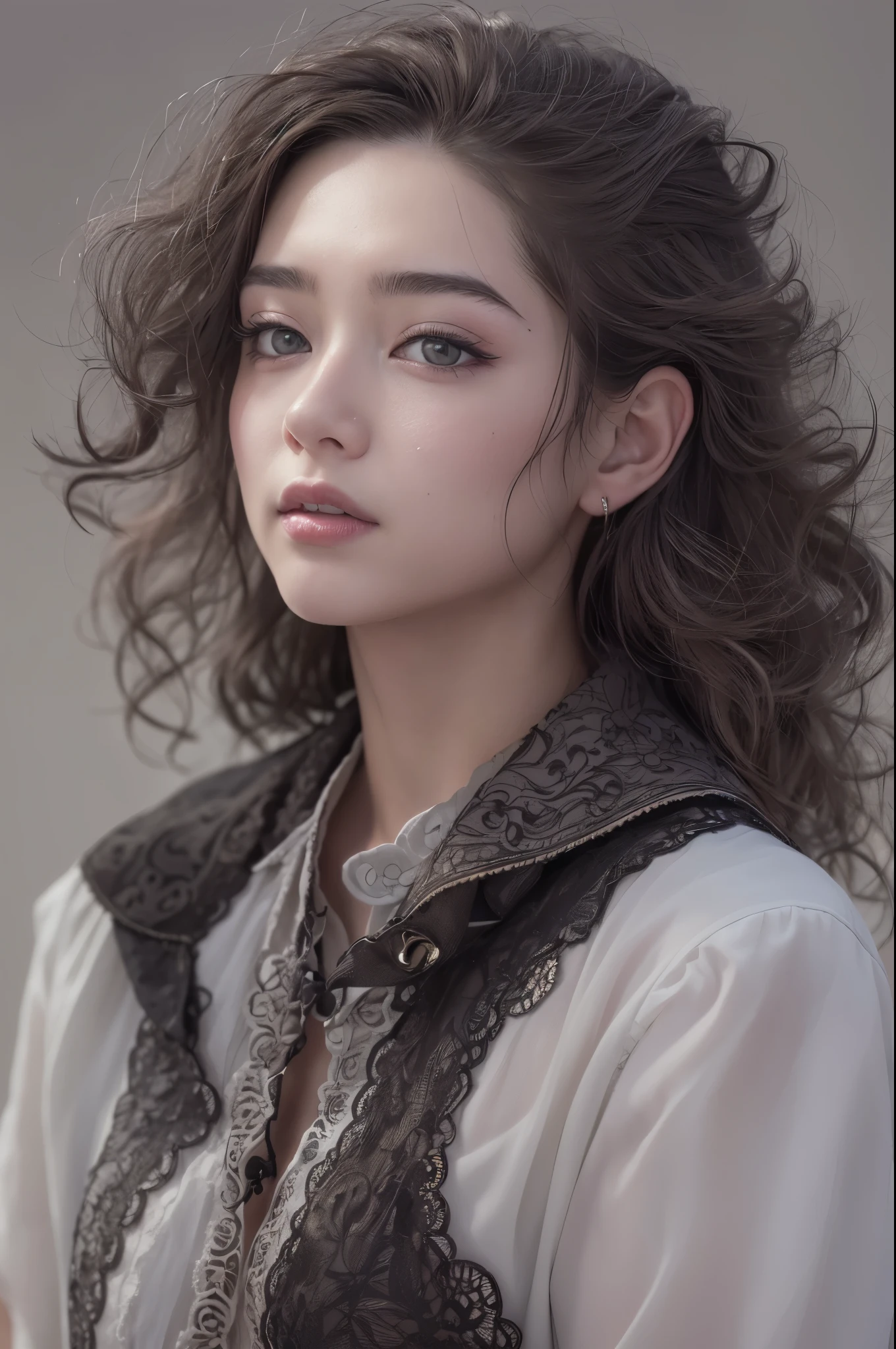 (Raw photo, Best Quality), (Realistic, Photorealsitic:1.3), masutepiece, extremely delicate and beautiful, Extremely detailed, nffsw, Unity, 8K, amazing, finely detail, Ultra-detailed, hight resolution, absurderes, Soft light, (Black hair, Short hair, Curly hair, hair messy, Bangor Tiful Detail Girl, Detailed fingers, extremely detailed eye and face, beautiful detailed nose, Beautiful detailed eyes, (Light on Face), Looking at Viewer, (Closed mouth:1.2), 1girl in, Cute, 年轻, Mature Face, pale skin, (Half body:1.3, sittingium&#39;breastsout), Realistic face, Realistic body, beautiful detailed thigh, (ulzzang -6500-v1.1:0.6), Black shirt,  (Semi-smile:1.3),cowboy  shot