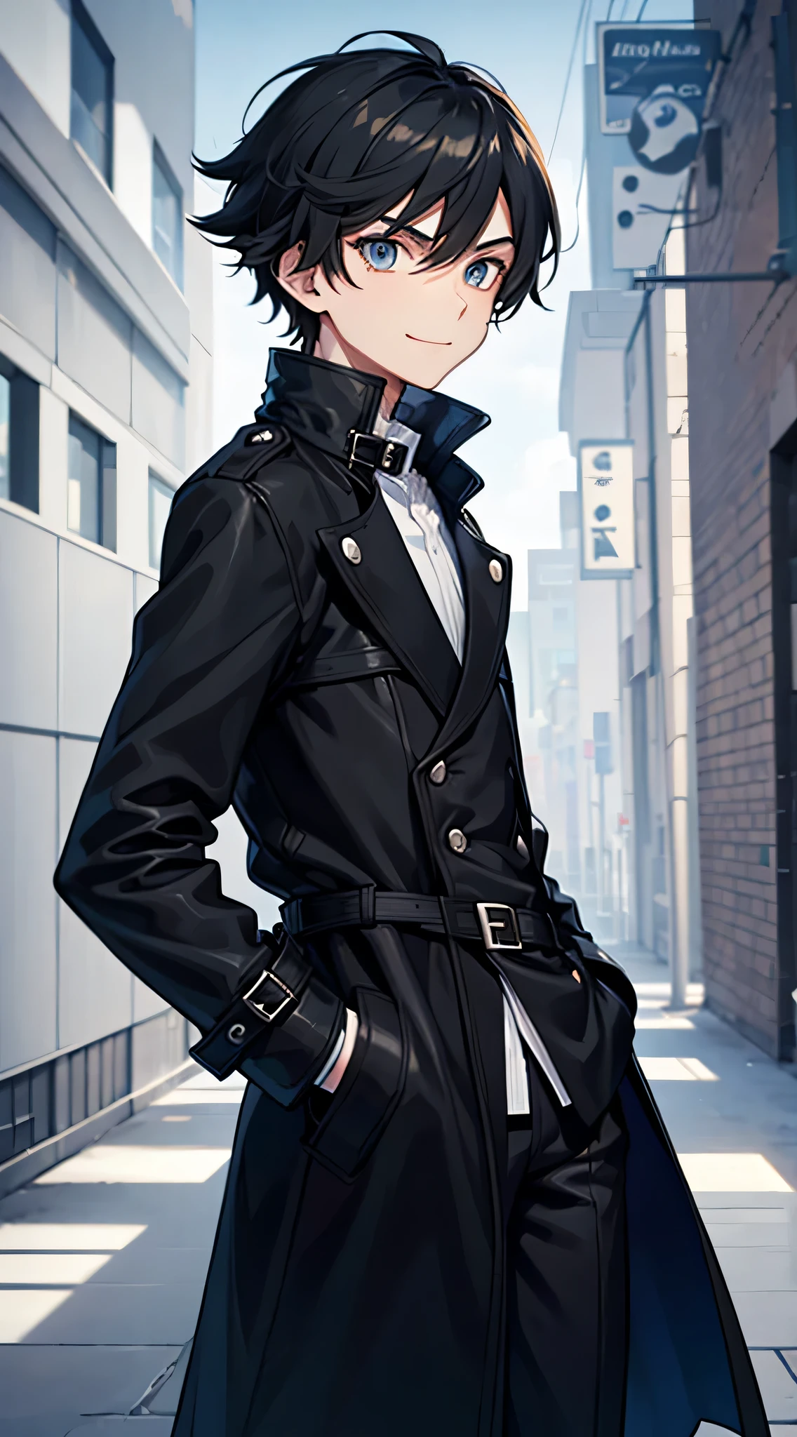 the only person,15-year-old male,Pokémon trainer,a black trench coat,head looking up,Put your hands in your pockets,Side Body,smile with disdain,sharp look,On the go