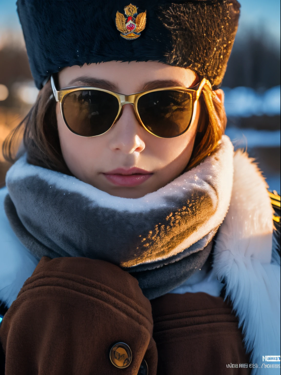 (4K), (Best Quality), (highest details), (A hyper-realistic), Kaisa, Russian soldiers, Winters, snow blowing, Russian hat, Sunglasses, Beautiful, Soldier salute, Looking at Viewer, Winter War.