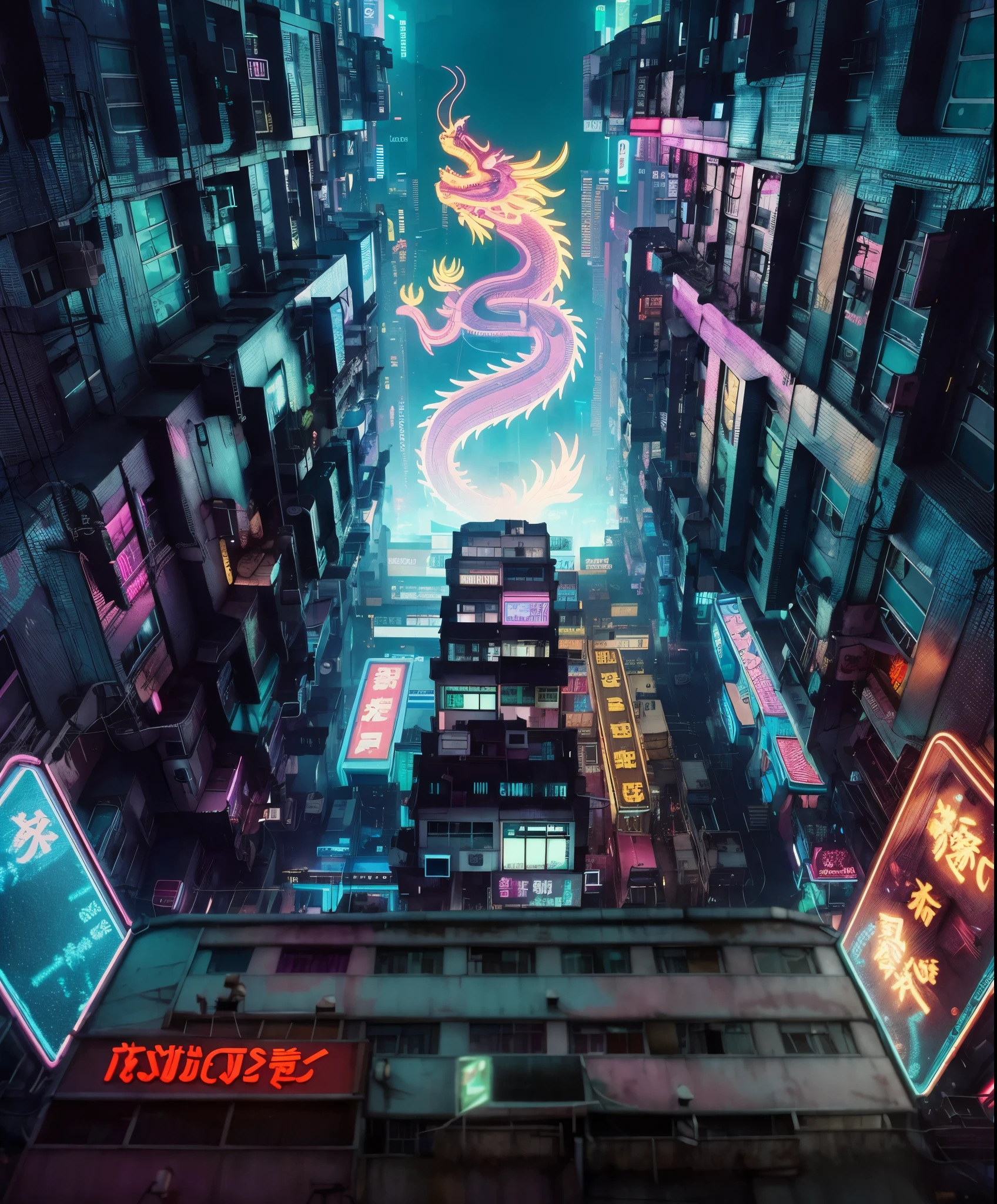 Cityscape with neon lights and dragon on roof, kowloon cyberpunk, Inspired by Liam Wong, In the cyberpunk city, cyberpunk artstyle, kowloon cyberpunk cityscape, at a cyberpunk city, cyberpunk artstyle, cyberpunk aesthetics, cyberpunk street, synthwave city, cyberpunk vaporwave, beeple&#39;s hybrid style, cyberpunk hiroshima