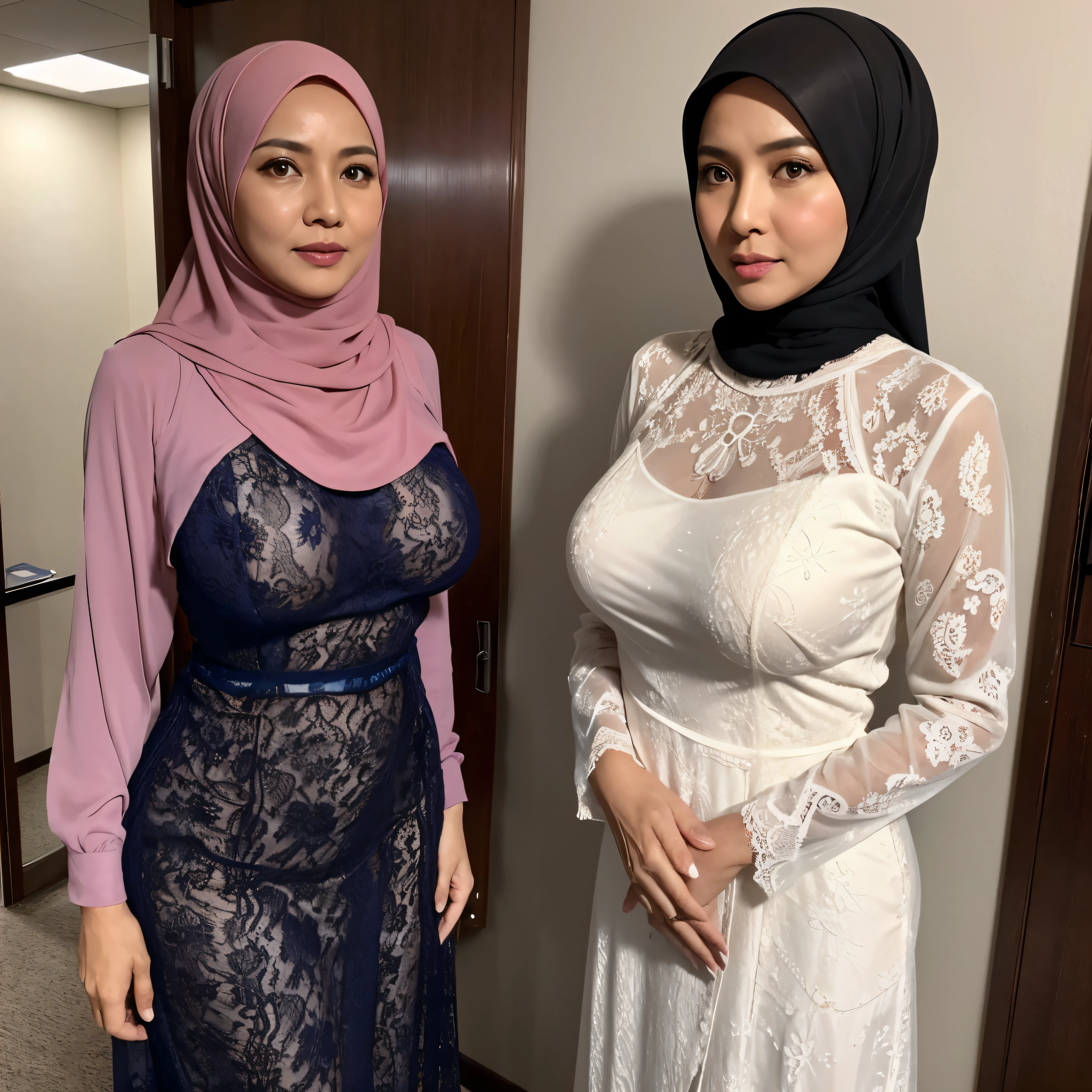 52 years Old, Hijab Indonesian mature woman, Big Tits : 96.9, Lace Baju Kurung, Slim body, Breast about To burst out, at doctor office, Dark light, at Nighttime