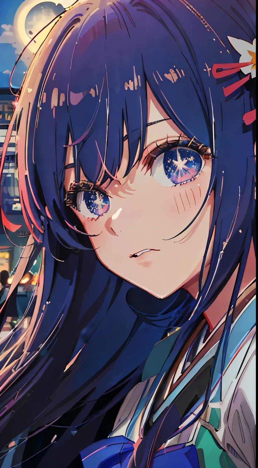 (((masterpiece: 1.5, best quality, high resolution: 1.3, super resolution, super detailed, ultra detailed:1.3, rich background:1.2))), ((face close up)), 1girl, solo, green eyes, blonde long hair tied with blue ribbon, blunt bangs, cute hairpin, school uniform, white serafuku, red sailor collar, short sleeves, blue pleated skirt, (outdoor), ((downtown)), (crowd), ((japan vibes: 1.3)), scenery, ((nighttime)), dark, (lowlight: 1.1), moon, (moonlight: 1.2), ((dynamic light: 1.4))