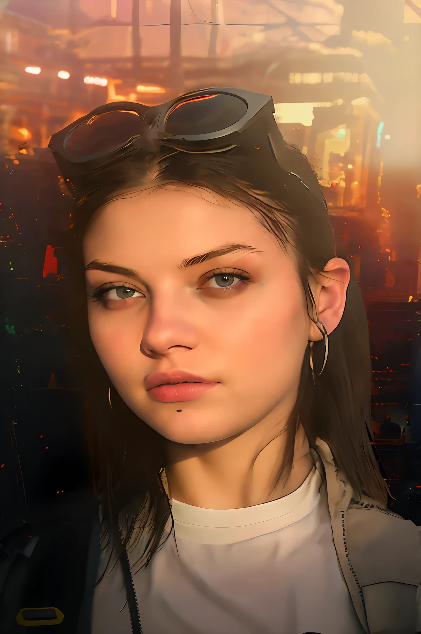 There is a woman with sunglasses on her head and a white shirt, Realistischer Kunststil, photoRealistischer Kunststil, realistic Digitale Malerei, The Cyberpunk Girl Portrait, glatt. Digitale Malerei, Realismus Kunststil, #1 Digitale Malerei of all time, Niedrig detailliert. Digitale Malerei, # 1 Digitale Malerei of all time, photorealistic Digitale Malerei, Realistische digitale Kunst 4 K