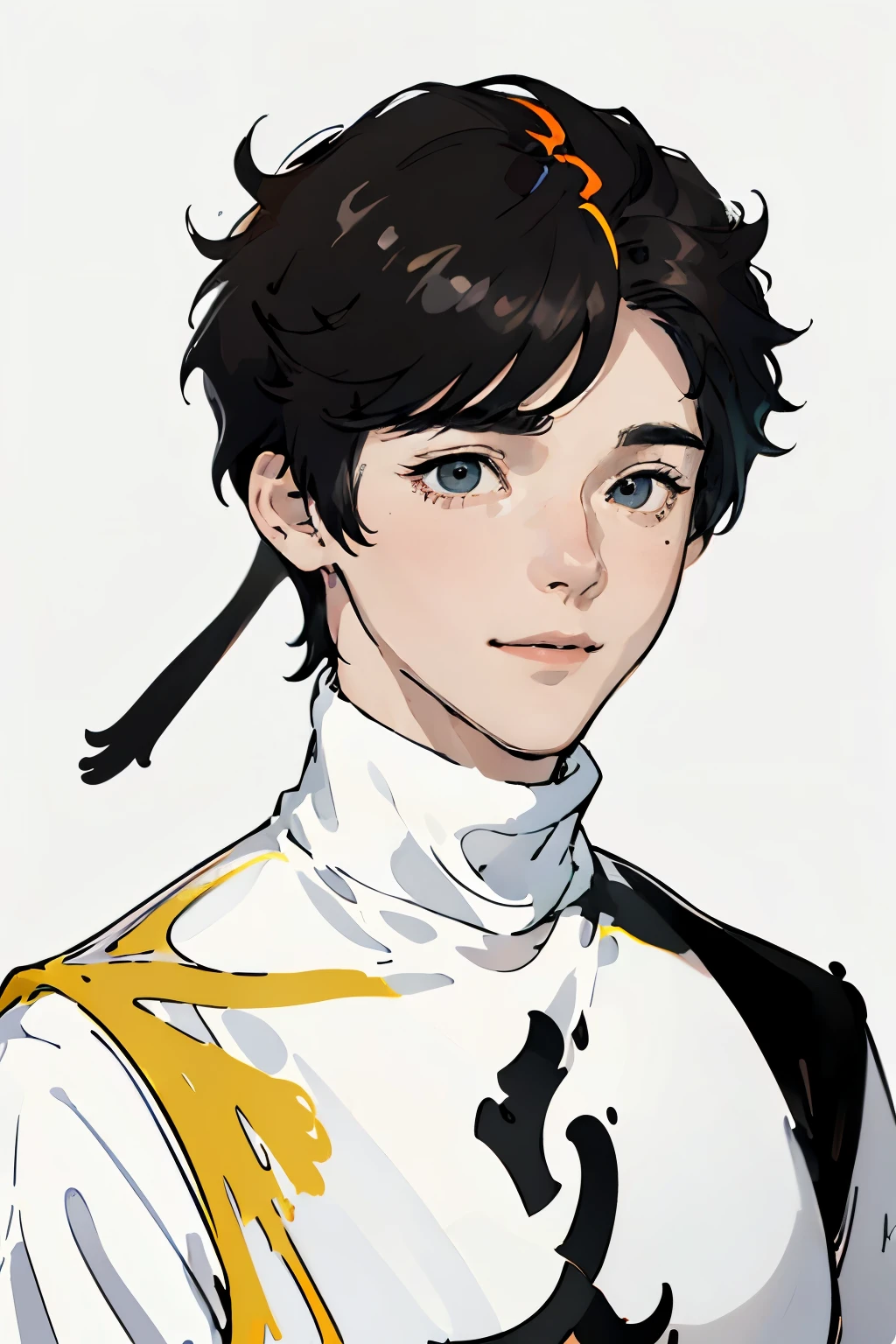 best quality, high resolution, clean background, high contrast, (((1boy:1.1))), line-drawing, sketch, ((tight medium shot))), white background, clean line drawings, (fringe hairstyle), (naughty face), smile face, (((turtleneck))), (((dark-haired)))), (Mashed Hair), ((black eyescolor:1.5)), white skin,
