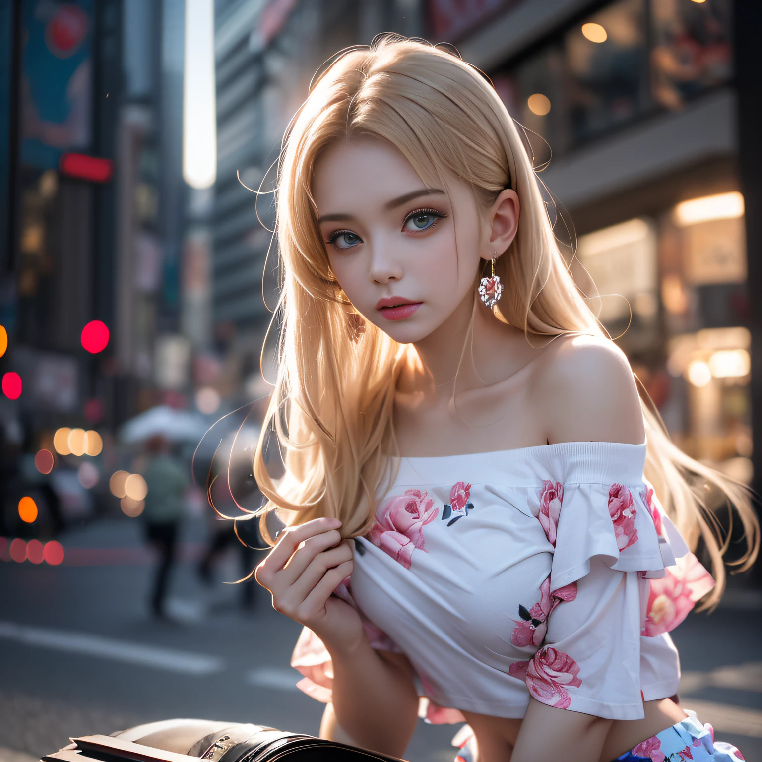 ((girl standing on the street in new york)),bright expression、Young shiny shiny white shiny skin、Best Look Rondo Reflective Light、Platinum blonde hair with dazzling highlights、shiny light hair,、Super long silky straight hair、Beautiful bangs that shine、Glowing crystal clear attractive big blue eyes、Very beautiful nice cute girl、Lush bust,Beautiful detailed eyes, beautiful detailed nose,(( Full body:1.5)),Makeup that the eyes emphasize、Royal style,Comic style, , Sub-surface scattering, ornate detail, nature backdrop, Supergianthugebreasts, ((Cinematic)), Dramatic Lighting, masutepiece、((Off-shoulder T-shirt with floral print on white:1.4))、(Loose and fluffy perm:1.4)、1 girl in、((Bob Hair:1.3))、Ultra realistic 8K CG, 絵のようにflawlessな顔, flawless, clean, masutepiece, Professional artwork, famousartwork, Perfect face, Beautiful face, Beautiful eyelawlessな女性のボディ)), Solo,(Immersive atmosphere, Chiaroscuro:1.5,Bright light:1.2,Luminous lighting),(blush:0.5),fascinated expression,Extremely detailed_Eyes,thick thighs,Large,beautifullydetailedbackground,depth of fields,Realistic:1.3, longshot,Sitting, Full body, (ambient lights:1.3),(Cinematic composition:1.3),(Neon light:0.1),(nffsw:0.1),Accent Lighting, pantyhose,((Outside the window, Hazy skyscrapers))、((The erection))、(Puffy eyes:1.2)、 (Slim legs),(Light shines on the face and chest)、(((((underboob)))))、Lower breast、Oily skin、skinny、 (the underside of the chest is slightly visible),(目に見えるLower breast、I can see your belly button and ribs)、Hip bones and lower abdomen are visible、Dark blue flared skirt、(lift up skirt),((White T-back panties visible)),