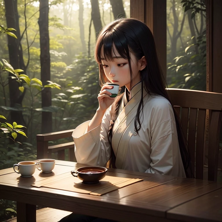 Sitting alone and drinking tea，pure heart；Birds singing on the treetops，Still in the Zen Forest。Remembering the continuation of life，Illusive and random；Think back to the light，Rest and return to silence。