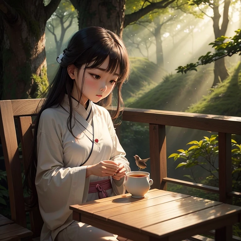 Sitting alone and drinking tea,pure heart;Birds singing on the treetops,Still in the Zen Forest。Remembering the continuation of life,Illusive and random;Think back to the light,Rest and return to silence。
