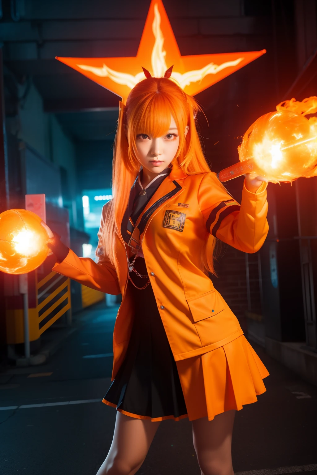 Cyberpunk flame user high school girl、full body Esbian、、fluorescent orange uniform、、、、Idol face、Create a fireball with Psychic、light orange hair