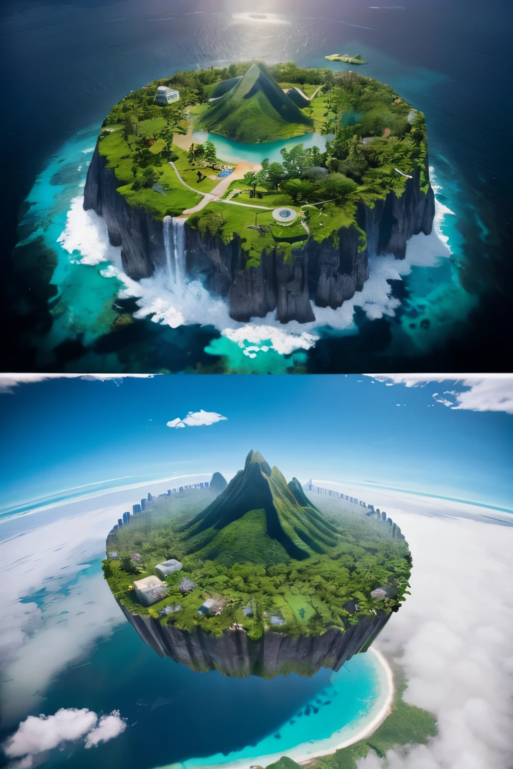 There is a small island with a lake in the middle, Isometric island in the sky, Flying Island, Floating Island, Flying Island in the sky, floating and Flying Island, epic matte painting of an island, Isometric 3D Fantasy Island, a beautiful artwork illustration, fantasy world concept, Floating Island in the sky, Epic Landscapes, 海にFloating Islandの影が落ちる