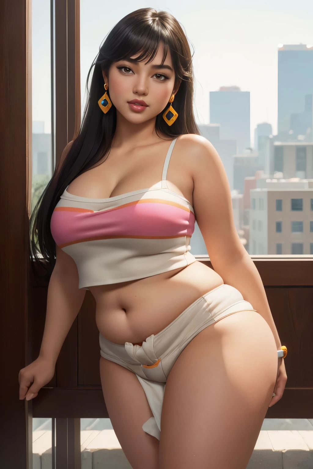 masterpiece, (photorealistic), (8k wallpaper) , (best quality), perfect quality, solo, (detailed eyes:0.9), girl, Chel, latin, face : ( very beautiful face, cute face, small smile, thin face, perfect face ), figure: (very full figure, sexy, sexy pose, very thicc, curvy, very chubby, chubby belly, navel, love handles, muffin top, fat thighs, thunder thighs), clothes : ( tight strings, digging in strings )