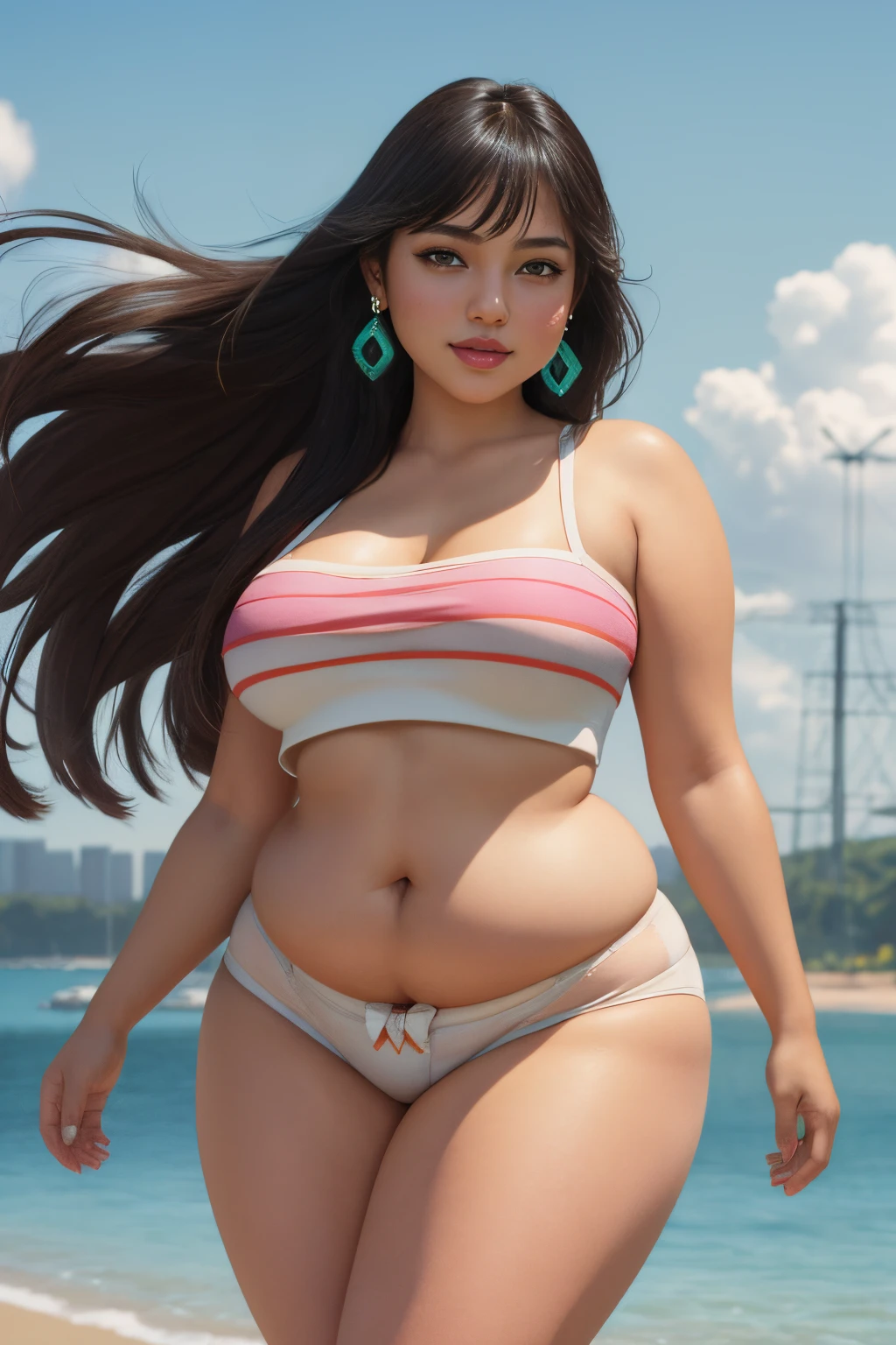 masterpiece, (photorealistic), (8k wallpaper) , (best quality), perfect quality, solo, (detailed eyes:0.9), girl, Chel, latin, face : ( very beautiful face, cute face, small smile, thin face, perfect face ), figure: (very full figure, sexy, sexy pose, very thicc, curvy, very chubby, chubby belly, navel, love handles, muffin top, fat thighs, thunder thighs), clothes : ( tight strings, digging in strings )