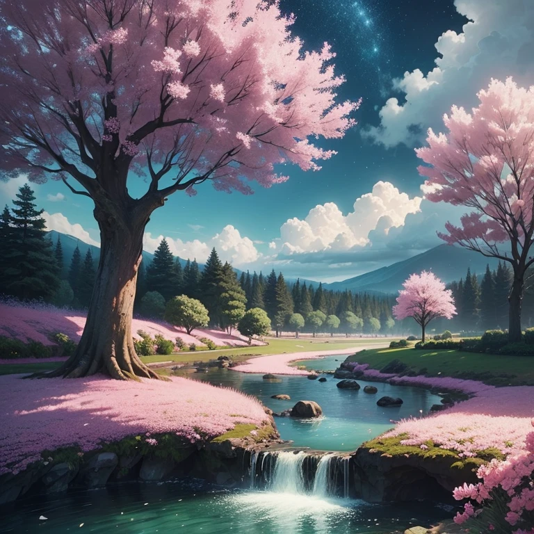 (magical pretty night Skysky green stream overlay scene), (Skysky), (clouds), gentlesoftlighting, clean backdrop, lindo cenario, tmasterpiece, high qulity, Beautiful graphics, high detal, epic landscapes, trpical garden, blossoms, clouds, (night starry Skysky, Behind the river, Huge ancient tree in the back, Glowing pink petals falling behind you)