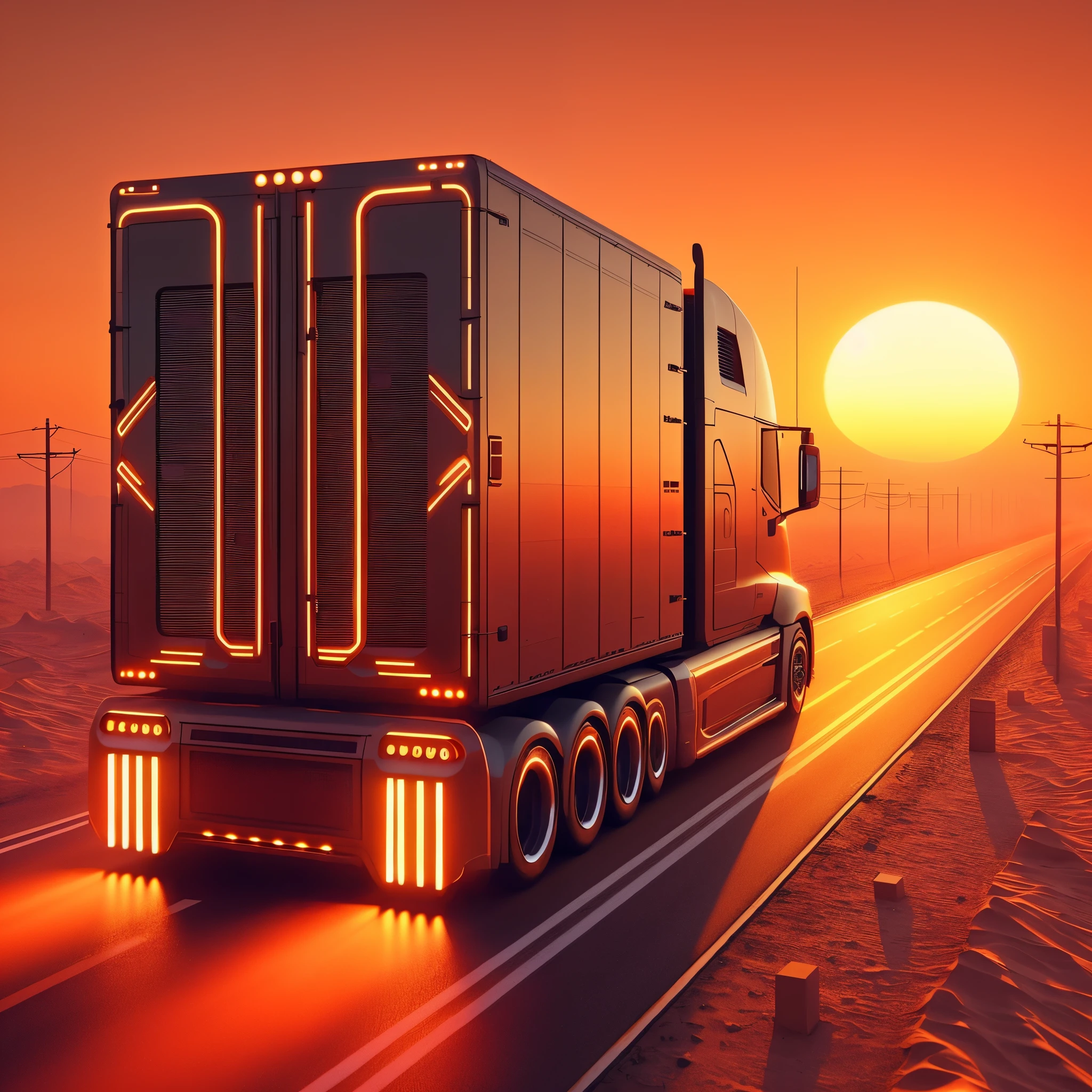 araf truck driving on a highway at sunset with a sun setting, amazing graphics, inspired by Mike Winkelmann, by Mike Winkelmann, light transport simulation, ultra realistic 3d illustration, octane photoreal 3 d render, best on adobe stock, by Wayne England, semi - realistic render, dramatic artwork, desert highway, truck, highly detailed illustration, highway
