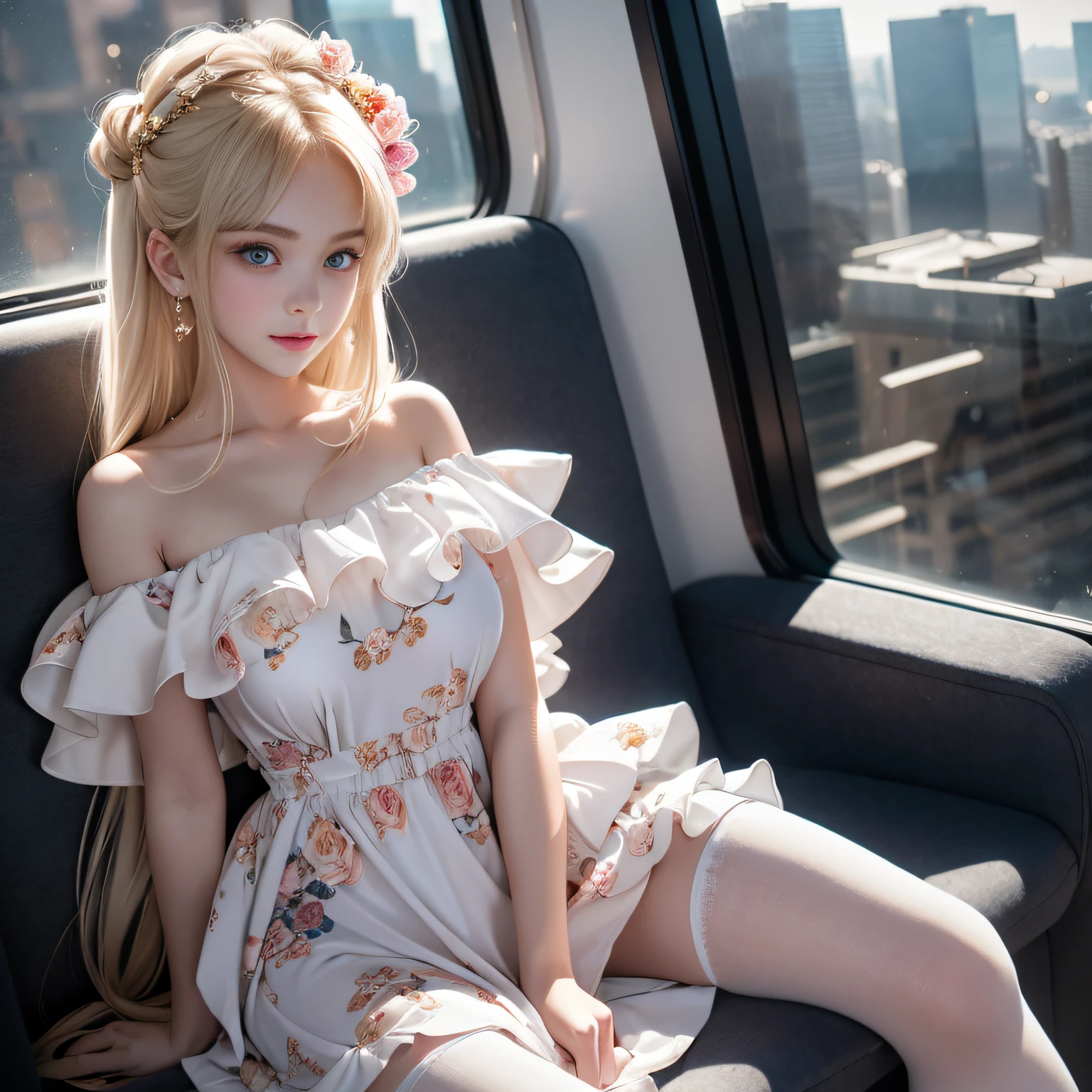 ((Girl sitting on train seat)),bright expression、Young shiny shiny white shiny skin、Best Look Rondo Reflective Light、Platinum blonde hair with dazzling highlights、shiny light hair,、Super long silky straight hair、Beautiful bangs that shine、Glowing crystal clear attractive big blue eyes、Very beautiful nice cute 16 year old girl、Lush bust,Beautiful detailed eyes, beautiful detailed nose,(( Full body:1.5)),Makeup that the eyes emphasize、Royal style，Comic style, , Sub-surface scattering, ornate detail, nature backdrop, Supergianthugebreasts, ((Cinematic)), Dramatic Lighting, masutepiece、((Floral dress isolated on off-shoulder white background:1.4))、(Loose and fluffy perm:1.4)、1 girl in、((Bob Hair:1.3))、Ultra realistic 8K CG, 絵のようにflawlessな顔, flawless, clean, masutepiece, Professional artwork, famousartwork, Perfect face, Beautiful face, Beautiful eyelawlessな女性のボディ)), Solo,(Immersive atmosphere, Chiaroscuro:1.5,Bright light:1.2,Luminous lighting),(blush:0.5),fascinated expression,Extremely detailed_Eyes,thick thighs,Large,beautifullydetailedbackground,depth of fields,Realistic:1.3, longshot,Sitting, Full body, (ambient lights:1.3),(Cinematic composition:1.3),(Neon light:0.1),(nffsw:0.1),Accent Lighting, pantyhose,((Outside the window, Hazy skyscrapers))、((The erection))、(Puffy eyes:1.２)、 (Slim legs),(Light shines on the face and chest)、(((((underboob)))))、Lower breast、Oily skin、skinny、 (the underside of the chest is slightly visible),(目に見えるLower breast、I can see your belly button and ribs)、Hip bones and lower abdomen are visible、Dark blue flared skirt、(lift up skirt）,((White T-back panties visible)),