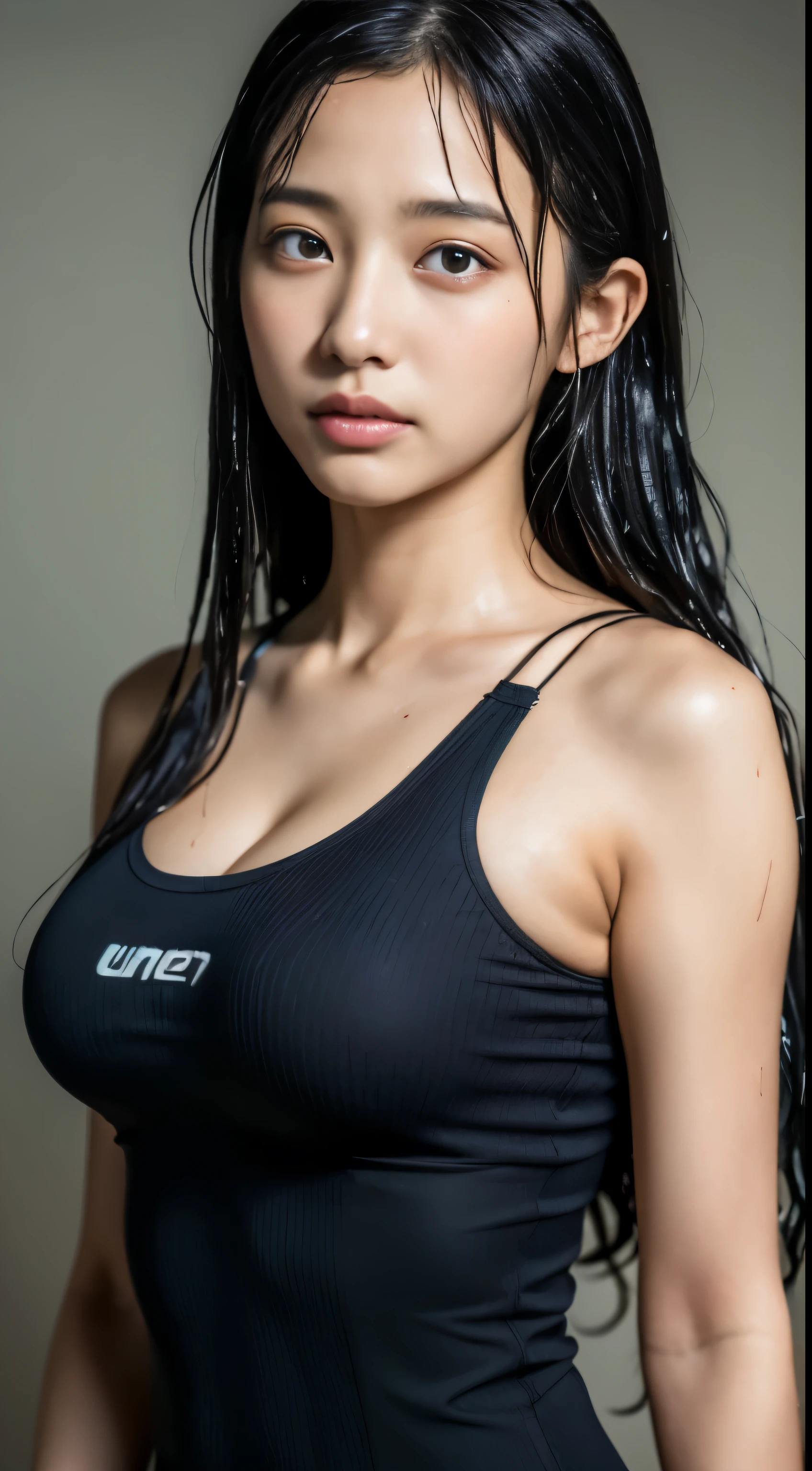 Highly detailed CG Unity 8k wallpaper, of the highest quality, super detailed, masutepiece, Realistic, photographrealistic, extremely detailed cute girl, , Round eyes, viewer, blush, , Upper body , (get sweaty) , Camisole , sports gym、Power Rack、The upper part of the body,Colossal tits,Good Style,(((body is wet with sweat)))