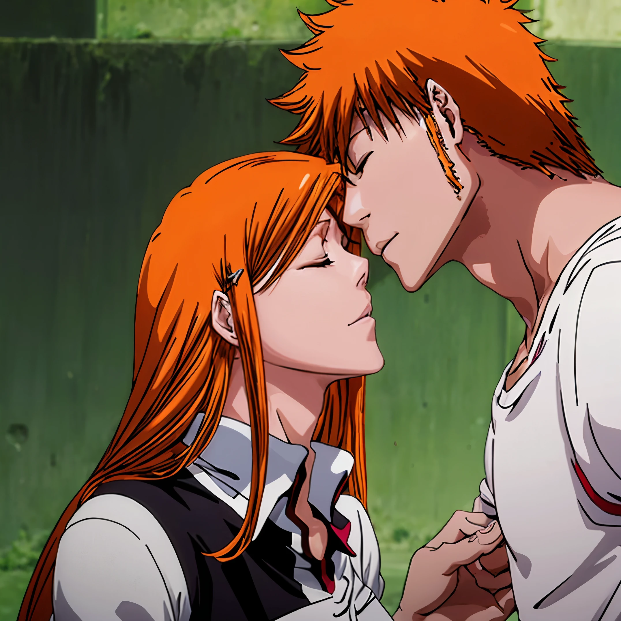 Ichigo Kurosaki kissing Orihime Inoue, orange hair, closed eyes, slight smile, happy, (Ichigo kurosaki: black jacket, white shirt), (Orihime Inoue: white shirt, hairpin)