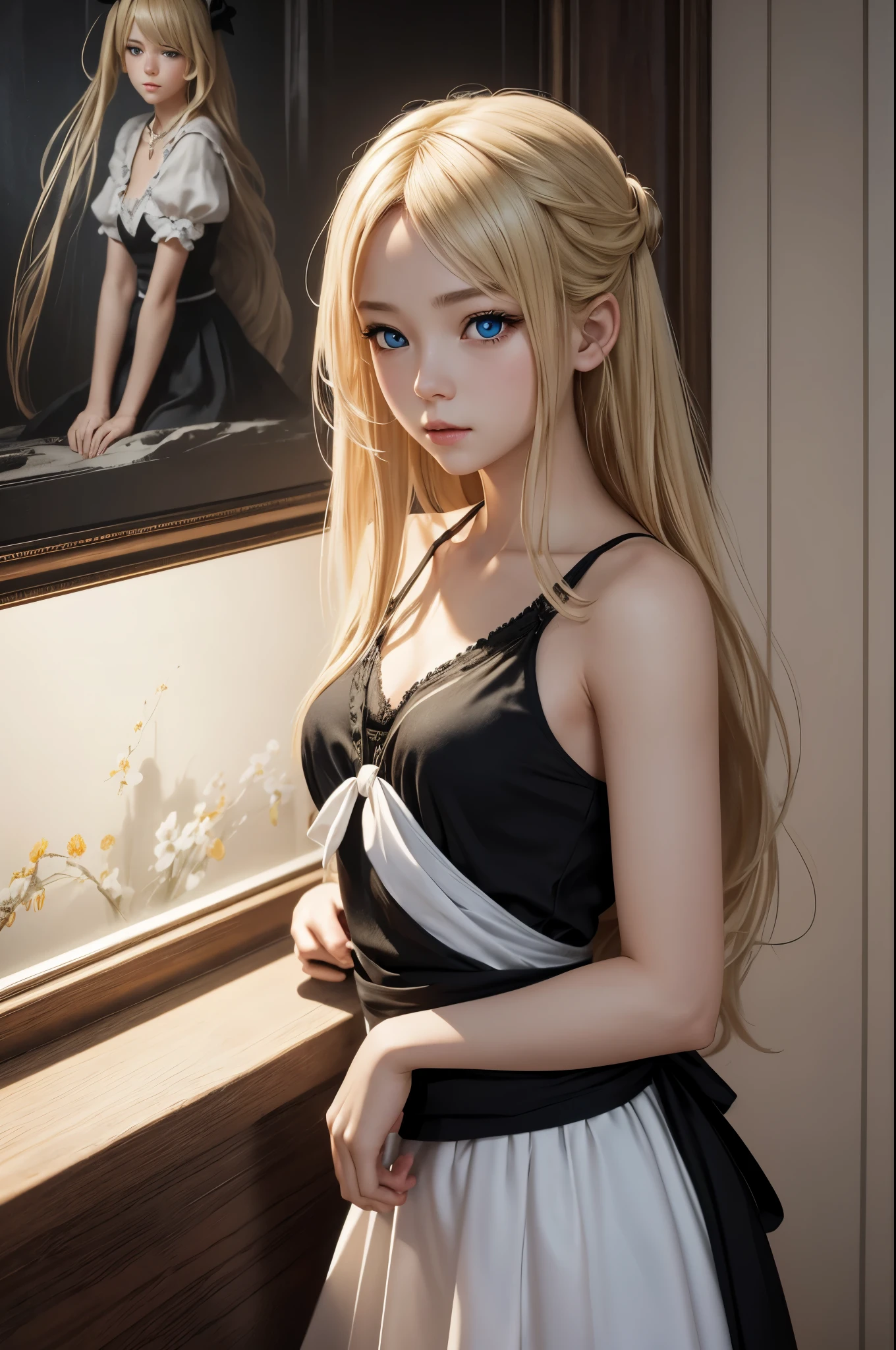 8K,a  girl,very small breasts,Blonde girl in white and black maid dress looking at camera, white and black maid long skirt,Blue eyes,very small breastsのメイド,Super beauty(Like the real thing)realistic 3 d style, very small breastsの美しい乙女, Photorealistic girl rendering, detailed digital art, Fantasyart, 2. 5 D CGIFantasyartワーク, girl with tied blonde hair, Smooth CG art, artwork in the style of guweiz,direct one&#39;s gaze toward the viewer,Inside the big mansion,