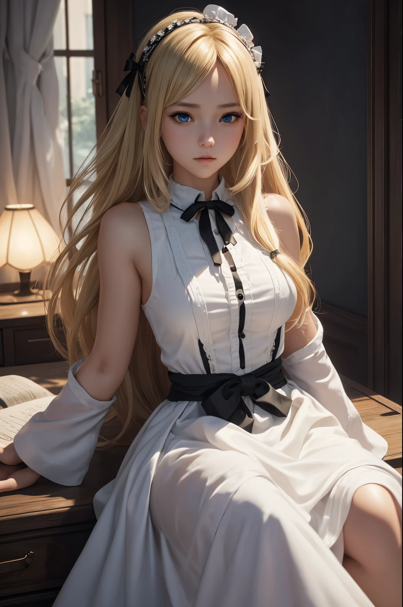 masterpiece,best quality,1girl,light,top,cinematic lighting,bathrobe, Long hair, blonde hair,
,tutuhsv2,grey pantyhose,high heels,big eyes,twintailsï¼crossed_legs,hand on floor,bed,indoors,bedroom, lingerie
