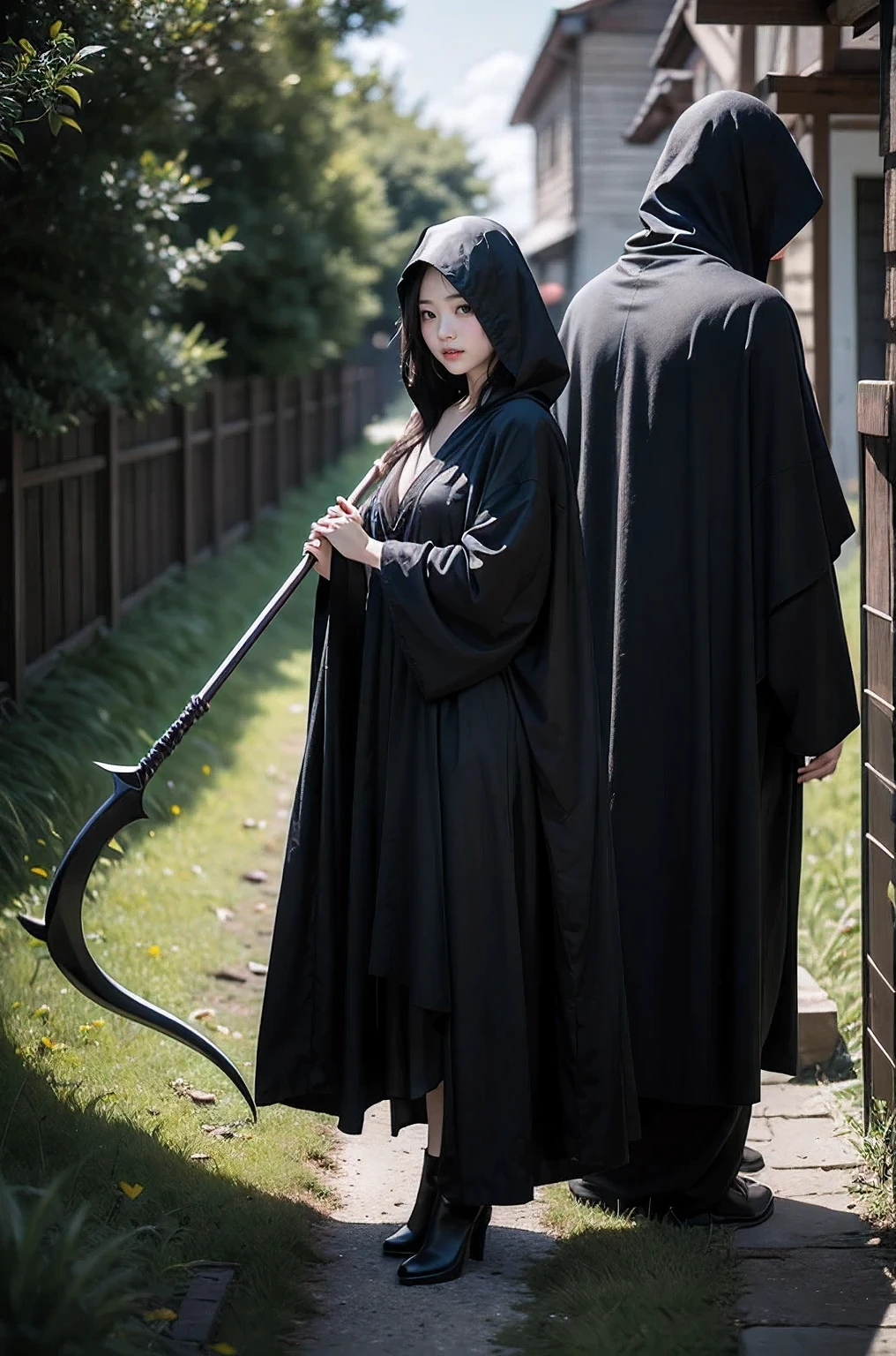 Ara, a woman in black with a sickle々new image, she has a sickle, in style of dark fantasy art, dark fantasy mixed with realism, dark fantasy styleのアート, Dark hooded wraith, dark fantasy portrait, goddess of death, dark fantasy style, dark cloaked necromancer, A witch wearing a tattered black robe, portrait of grim reaper、stylish grim reaper、A girl wearing a nightgown walking in the deep grass、American Girl、 girl、summer clothing、Full body composition from directly behind pointing to the sky、abhorrent、large Scythe、stylish grim reaper、Headhunting Grim Reaper、a beauty girl、a baby face, a々Hairstyles, Beautie, a beauty girl, Full body size, Chromo-white skin, colour grading, Extreme quality, brilliance, ighly detailed, ultra-detailliertな顔, Ultra HD 8K, Ultra-digital, portlate , ultra-detailliert, three primary colors, Splash Screen, Complementary color scheme, 8K分辨率, heavy strokes, softlighting, film photography, analogphoto, film grains, A hyper-realistic, Oil dripping, abhorrent, large Scythe, stylish grim reaper, 炎を纏いlarge Scytheを振り回す死神, Underworld, Butterflies in the sky、Burning World、Hell、World of Death、Dust flutters、de pele branca、Inappropriate smile、adult shinigami and his child